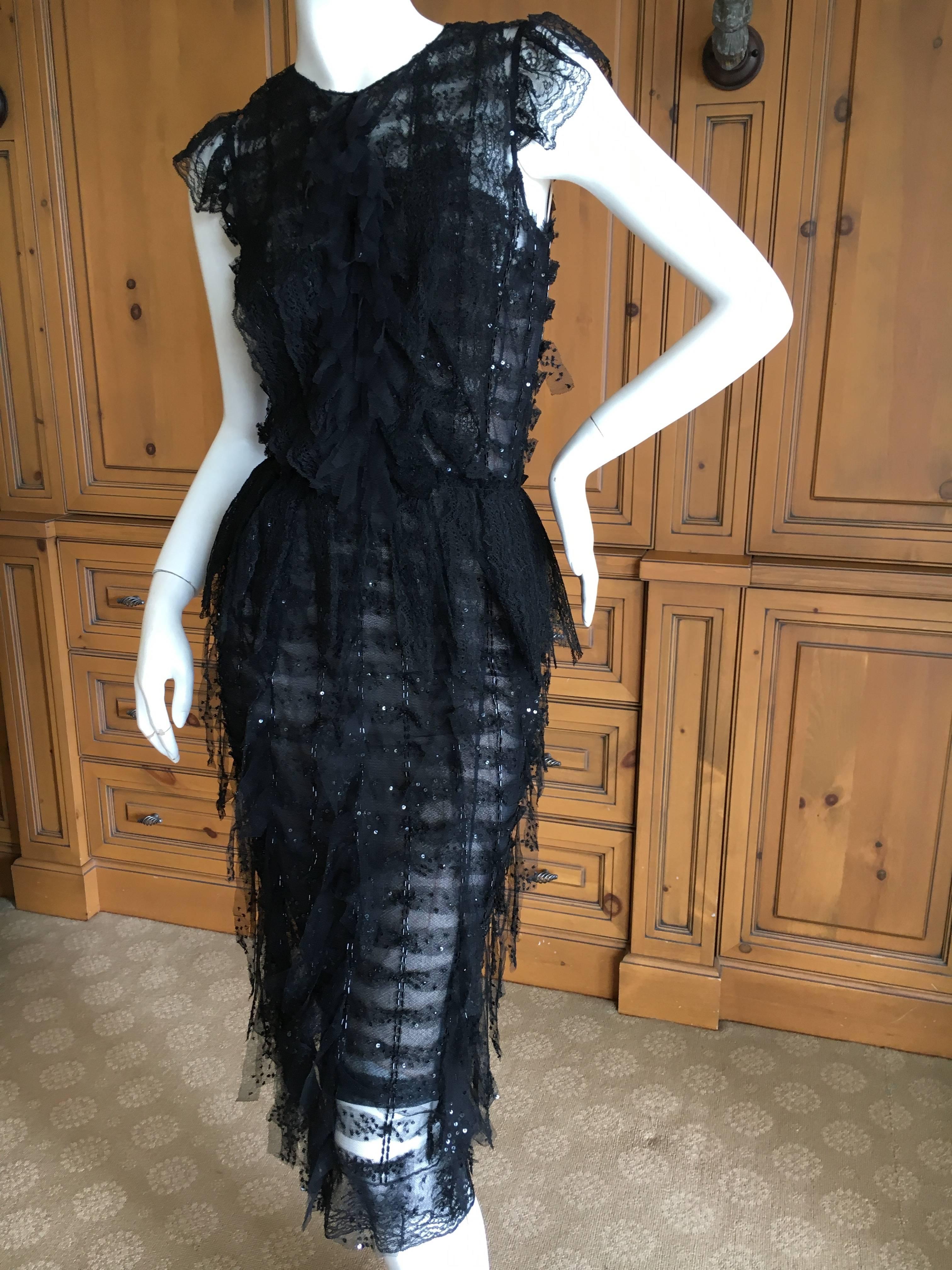 Oscar de la Renta Sheer Black Bugle Bead Embellished Cocktail Dress with Slip For Sale 4