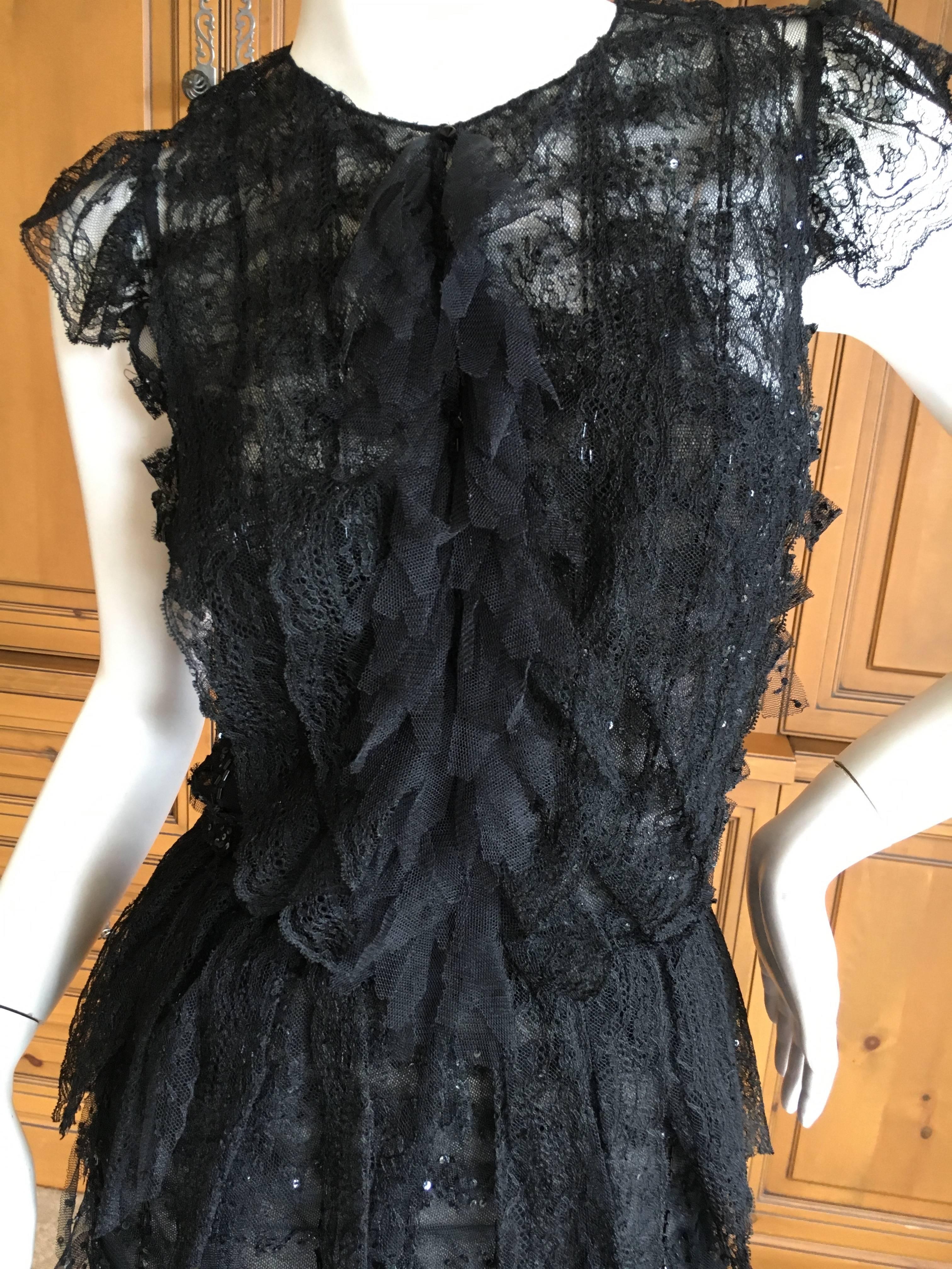 Oscar de la Renta Sheer Black Bugle Bead Embellished Cocktail Dress with Slip For Sale 5