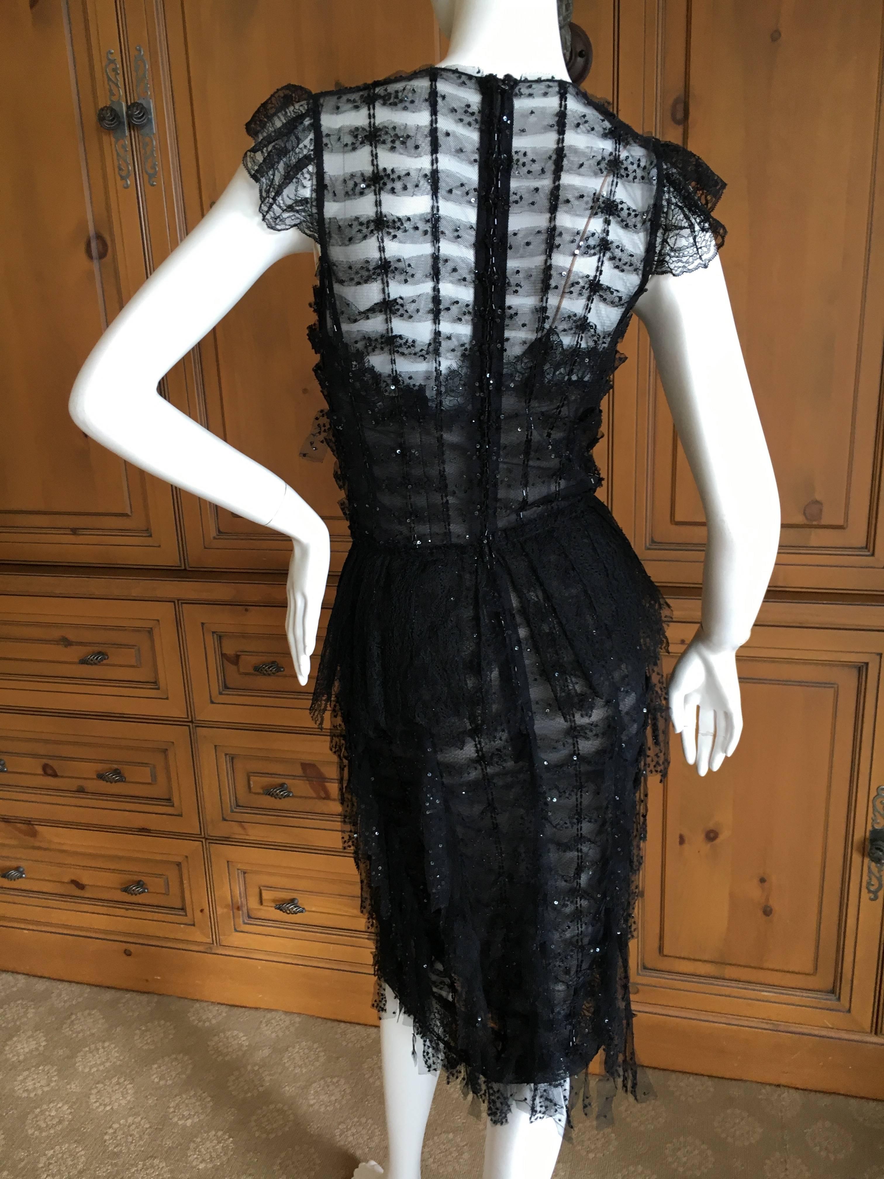 Oscar de la Renta Sheer Black Bugle Bead Embellished Cocktail Dress with Slip For Sale 6