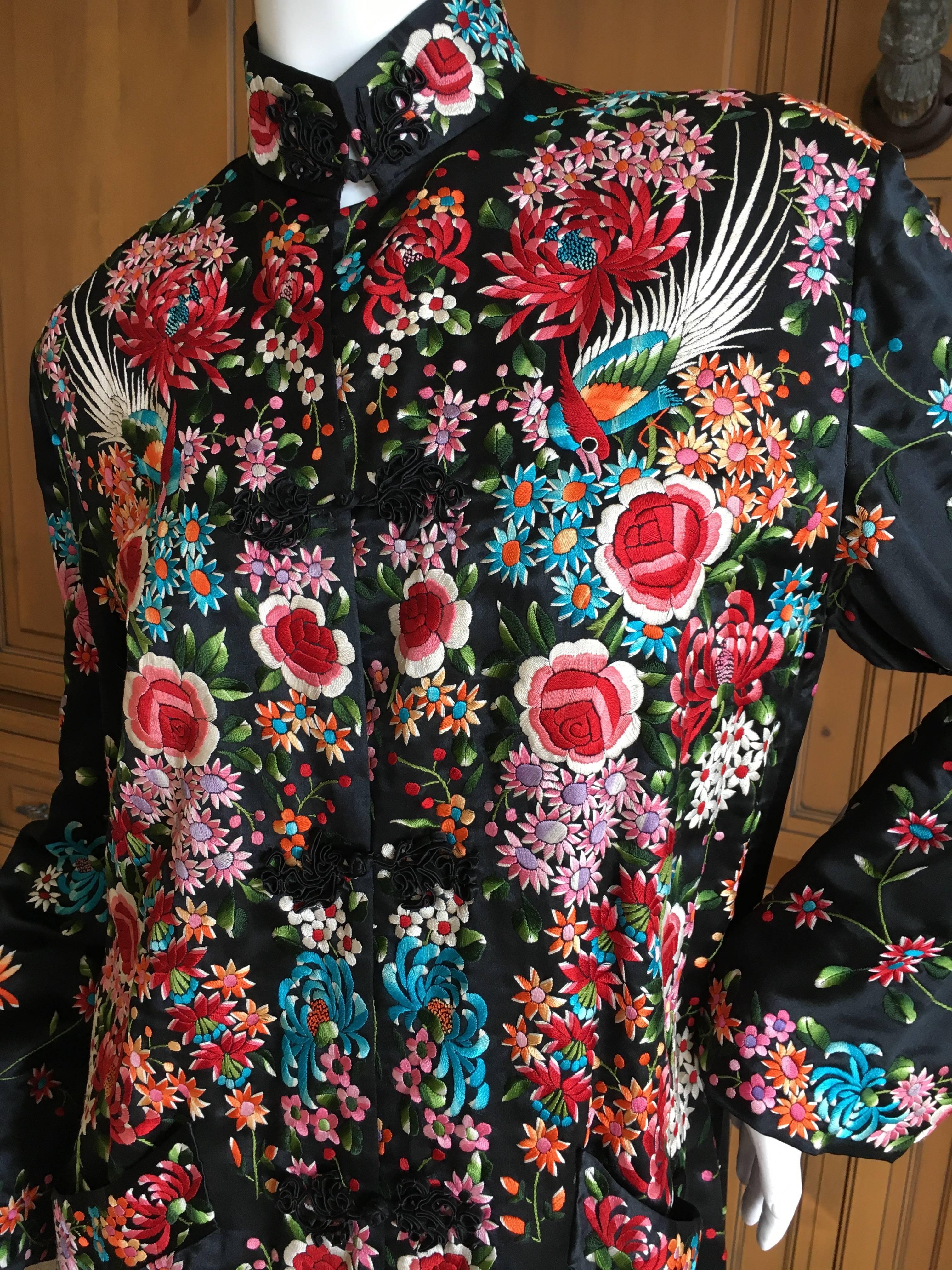 Black 1920's Asian Exquisite Embroidered Evening Coat with Chrysanthemum and Birds For Sale
