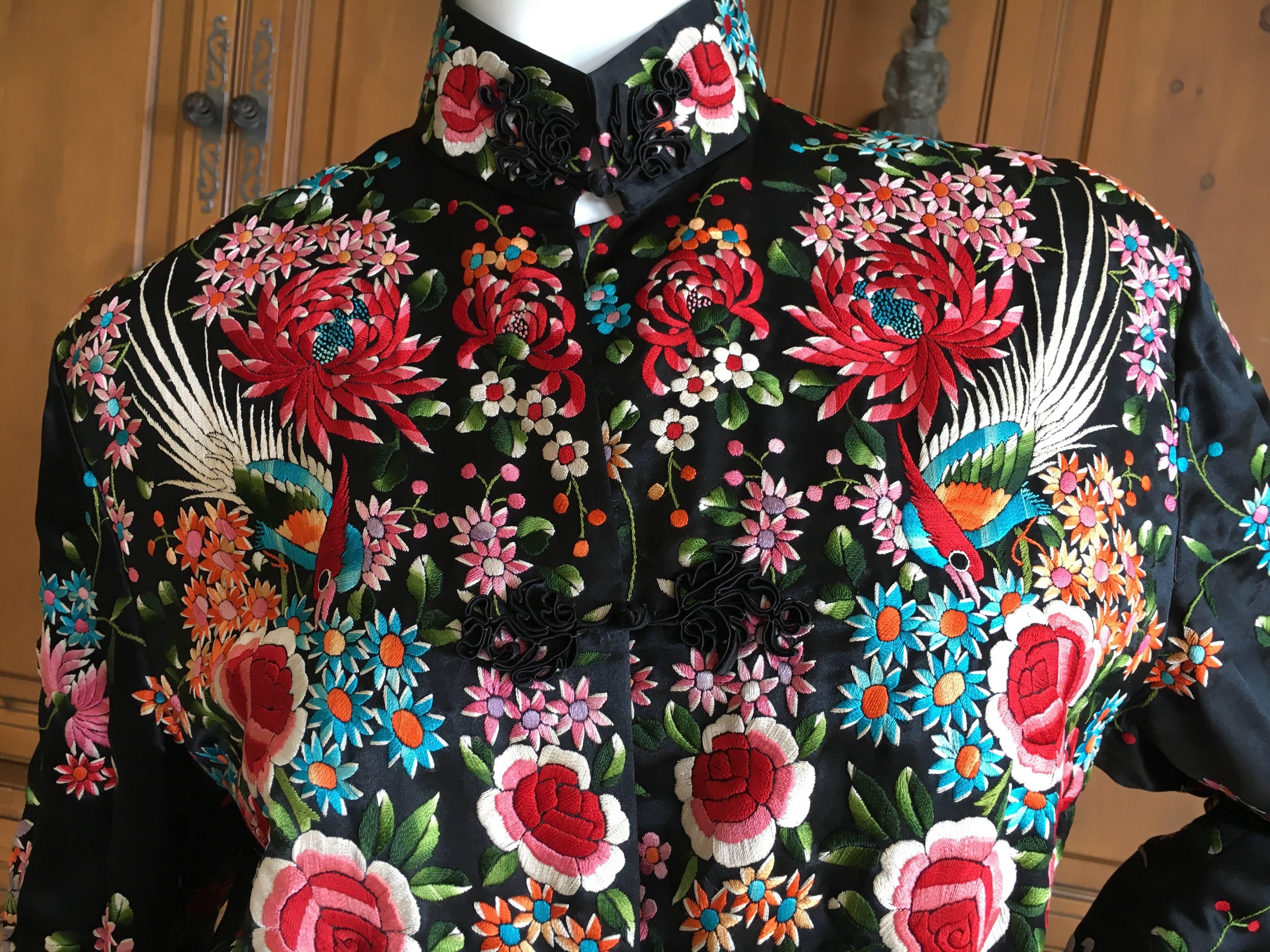 Women's or Men's 1920's Asian Exquisite Embroidered Evening Coat with Chrysanthemum and Birds For Sale