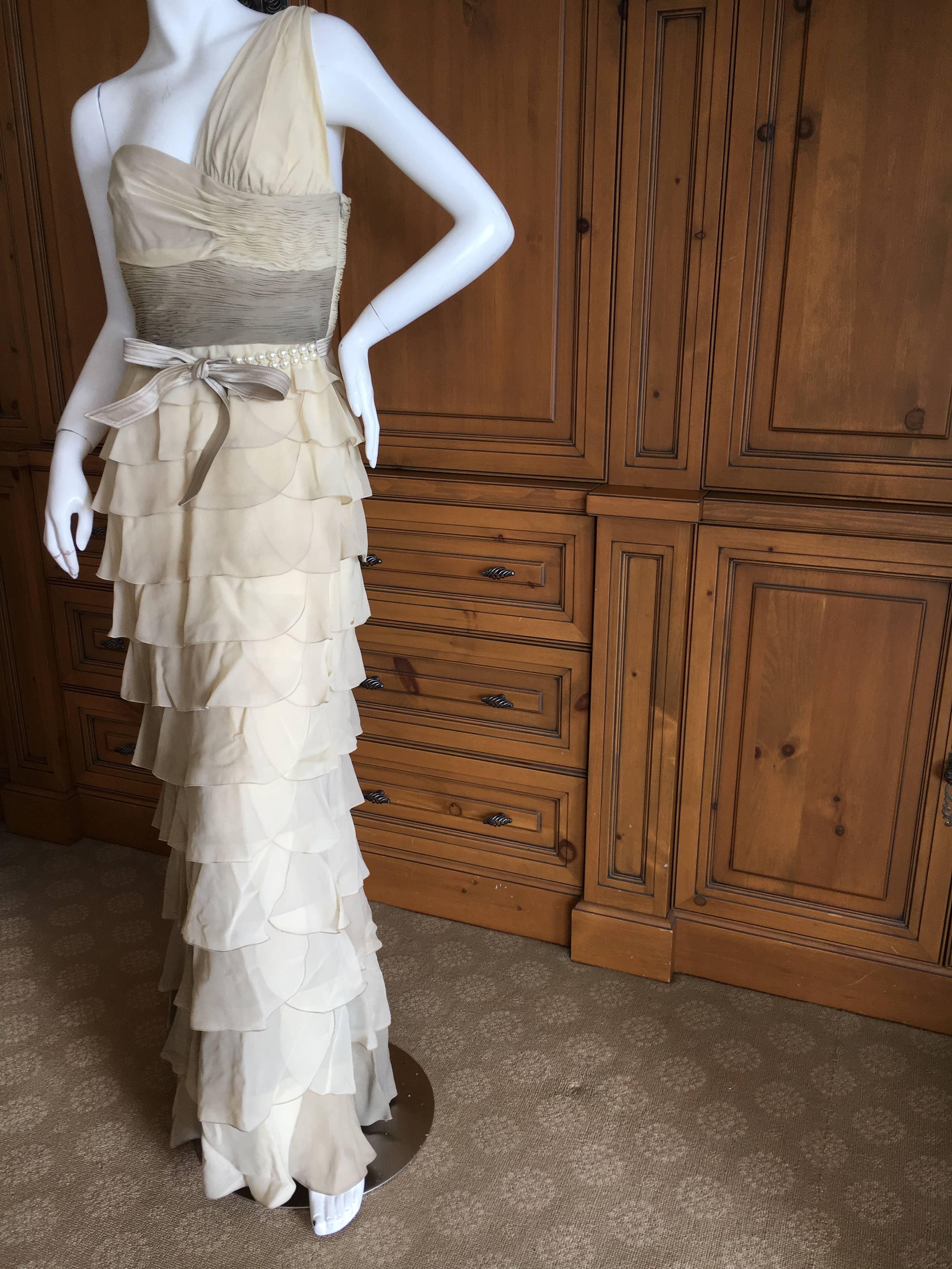 Valentino Vintage One Shoulder Ombre Plisse Silk Evening Dress with Pearl Belt In New Condition For Sale In Cloverdale, CA