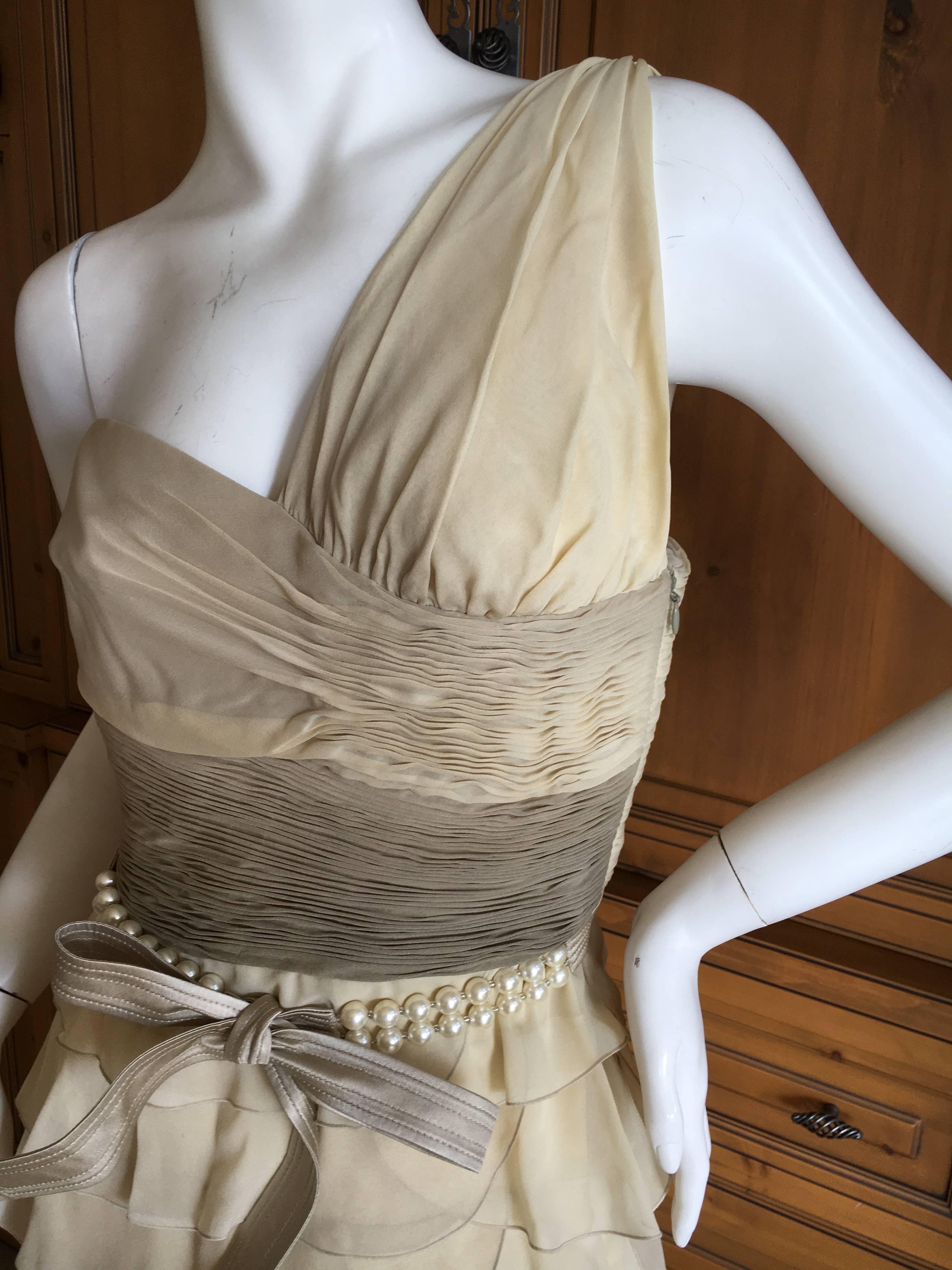 Valentino Vintage One Shoulder Ombre Plisse Silk Evening Dress with Pearl Belt For Sale 1