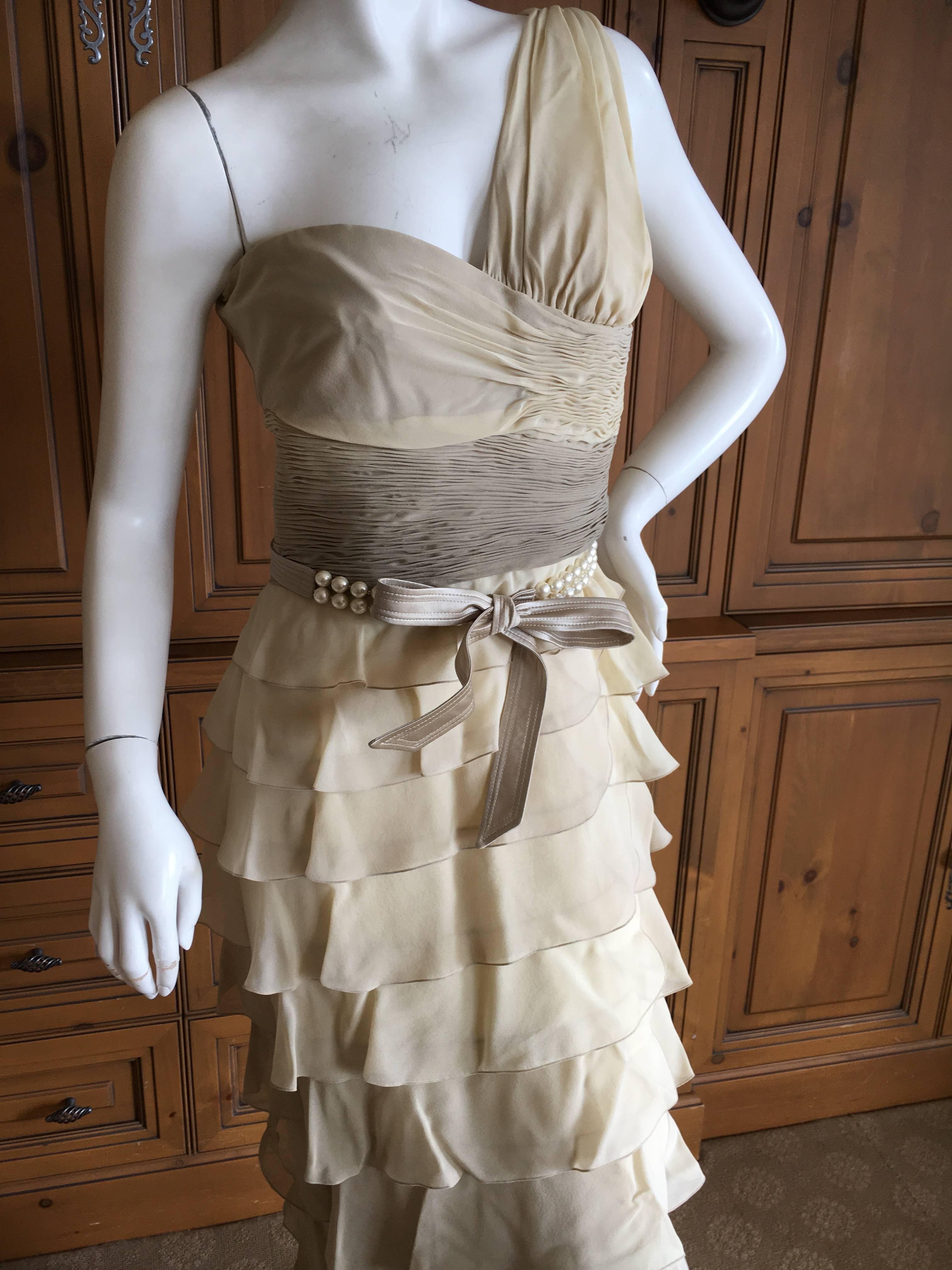 Valentino Vintage One Shoulder Ombre Plisse Silk Evening Dress with Pearl Belt For Sale 2