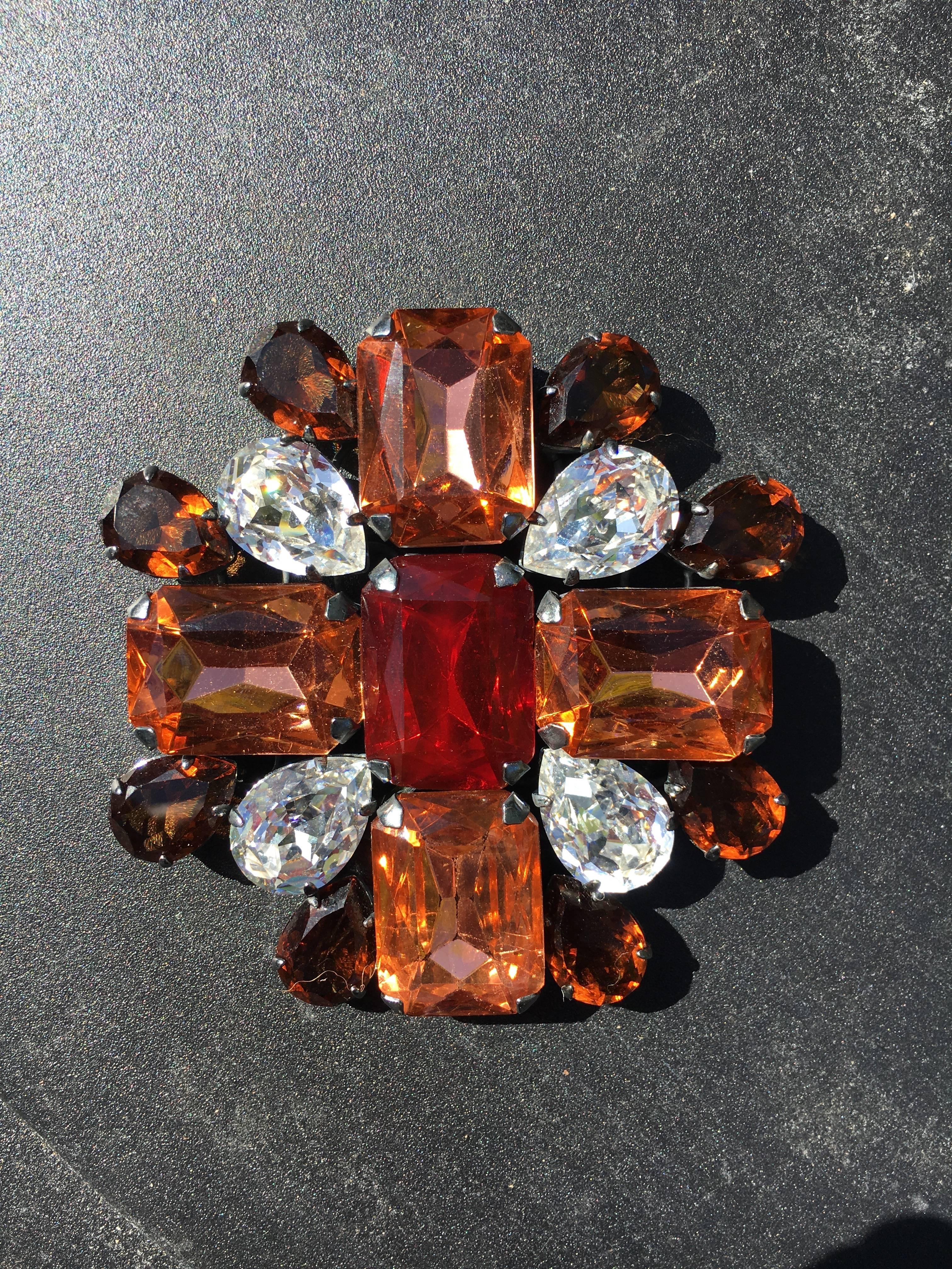 Yves Saint Laurent Rive Gauche Large Crystal Cross Pin Made in France 1970s  In Excellent Condition For Sale In Cloverdale, CA