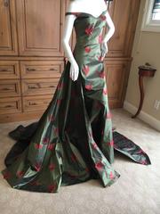 John Galliano Iridescent Green Silk Evening Gown with Huge Train