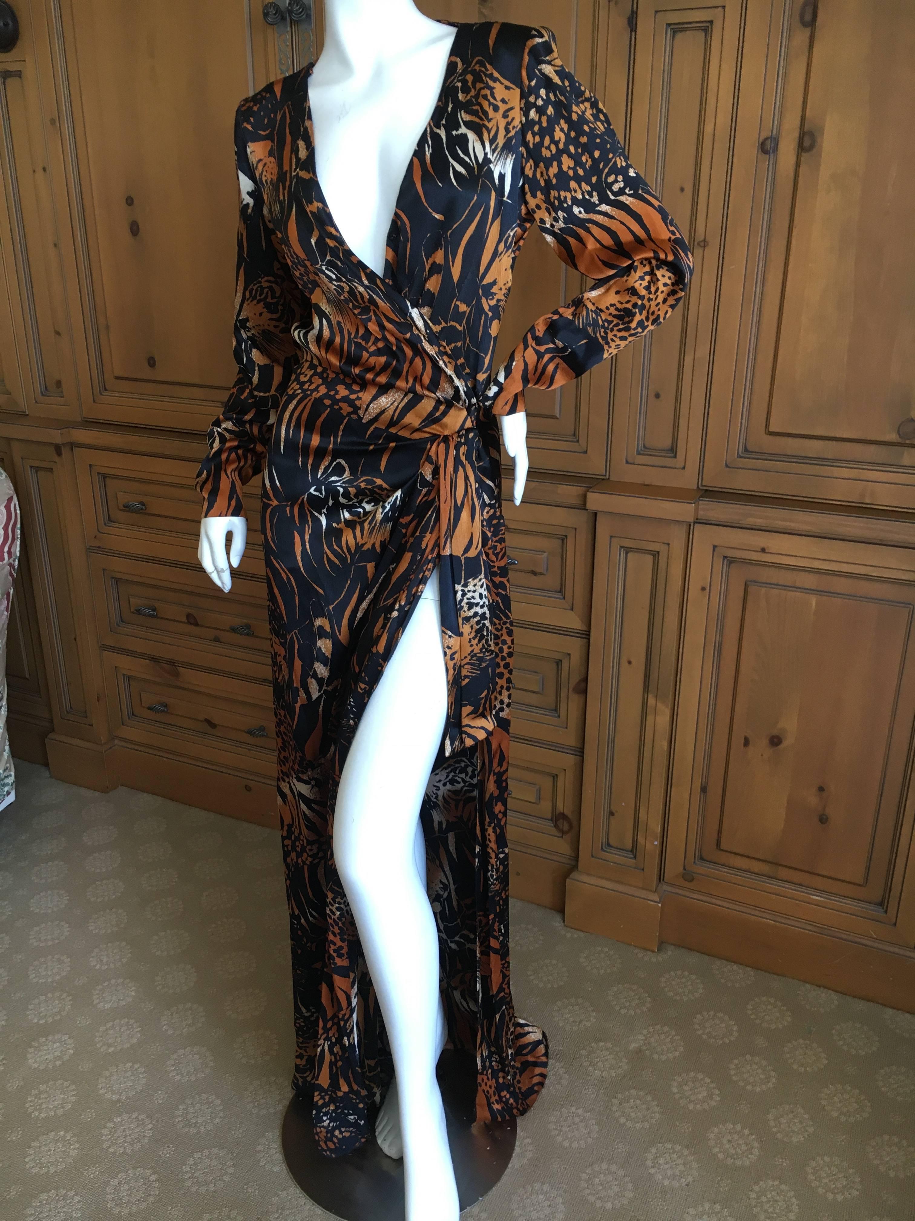 Black Yves Saint Laurent Rive Gauche Vintage 1980's Tiger and Leopard Print Long Dress