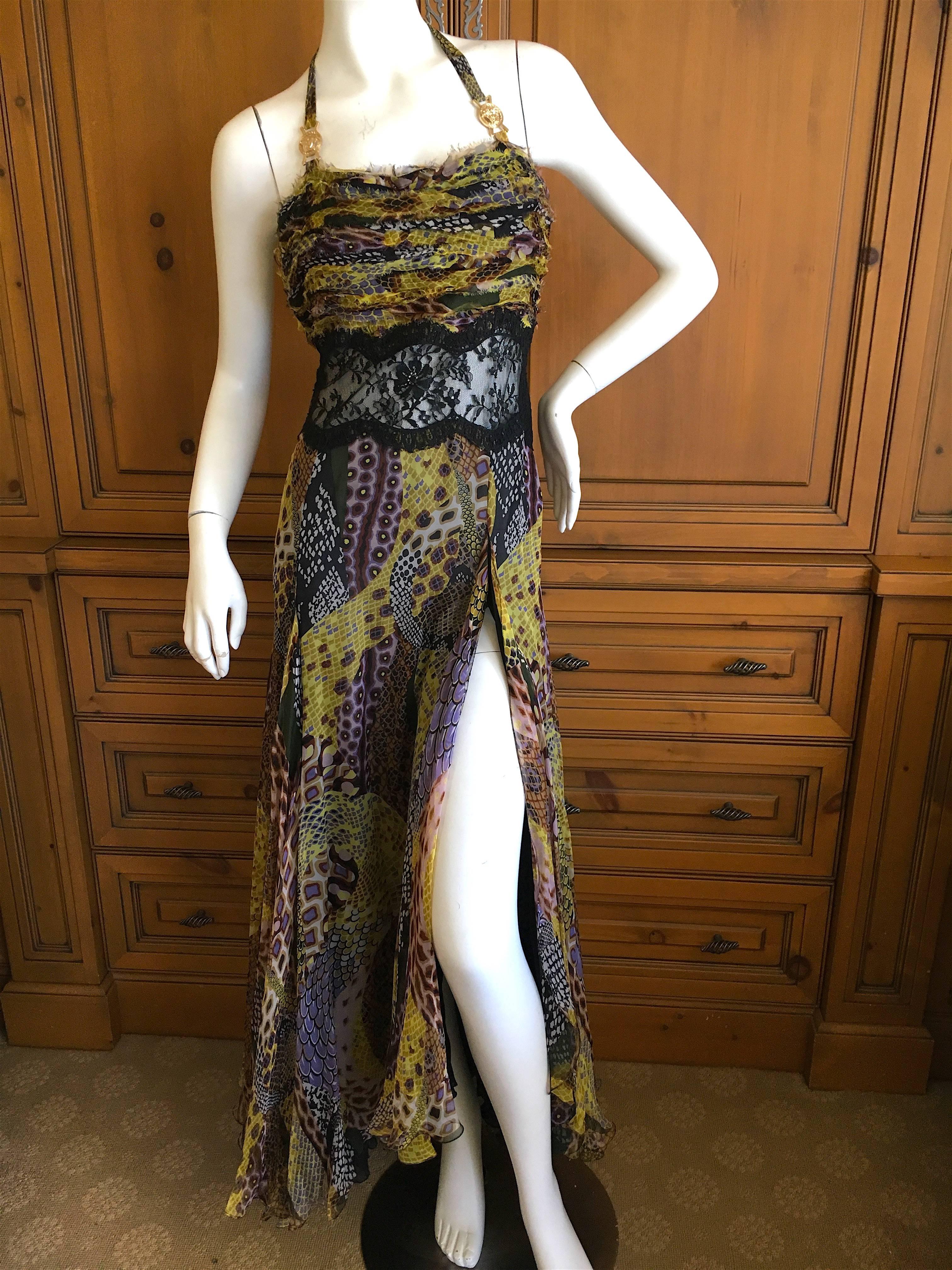 Versace Vintage 90's Snake Print Dress with Sheer Lace and Medusa Ornaments  In Excellent Condition For Sale In Cloverdale, CA