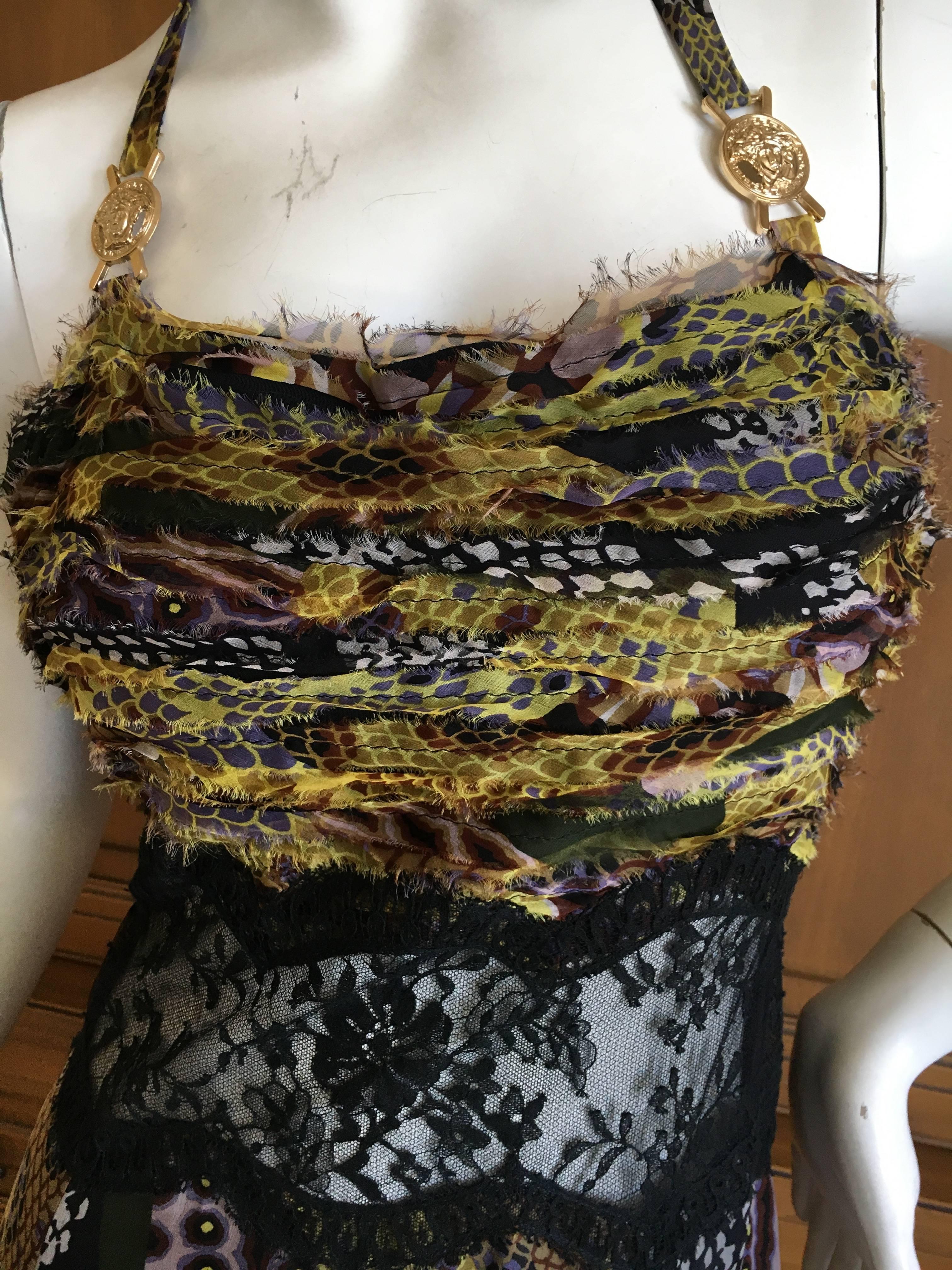 Women's Versace Vintage 90's Snake Print Dress with Sheer Lace and Medusa Ornaments  For Sale