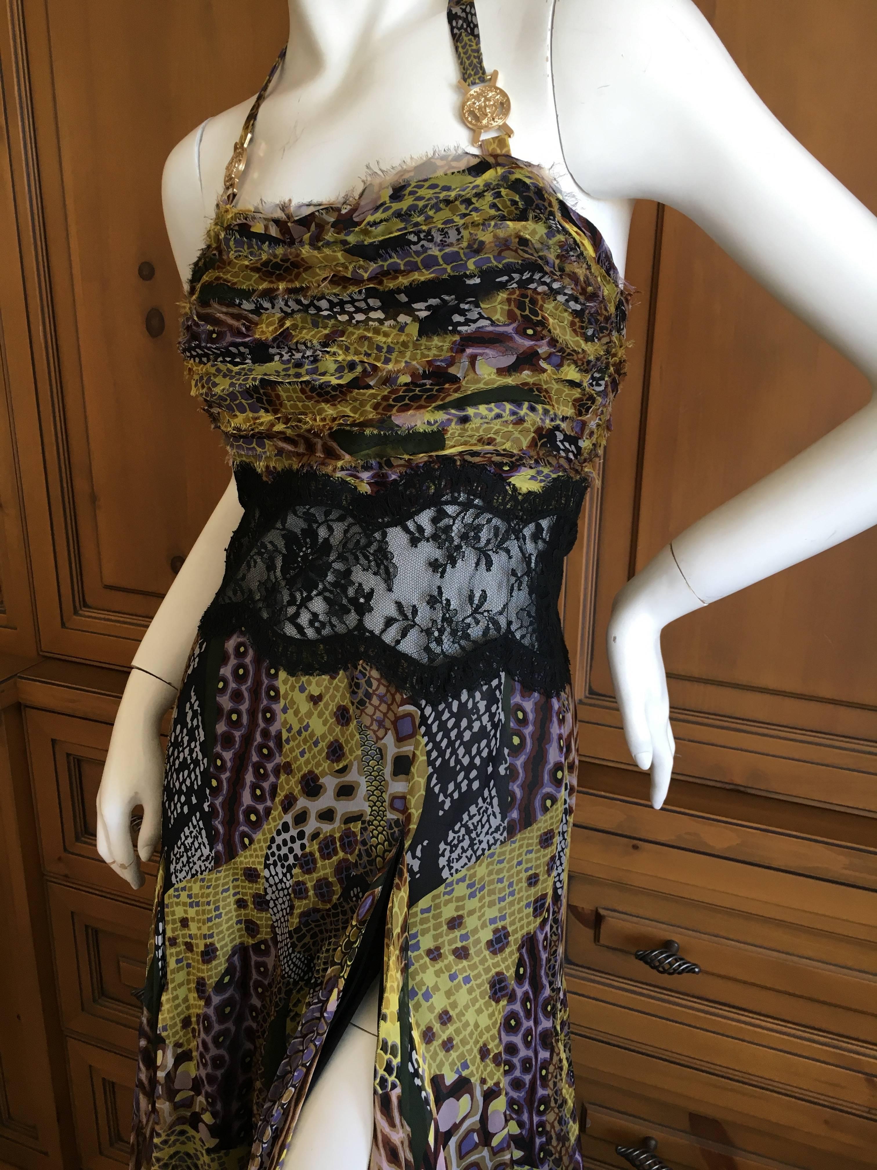 Versace Vintage 90's Snake Print Dress with Sheer Lace and Medusa Ornaments  For Sale 1