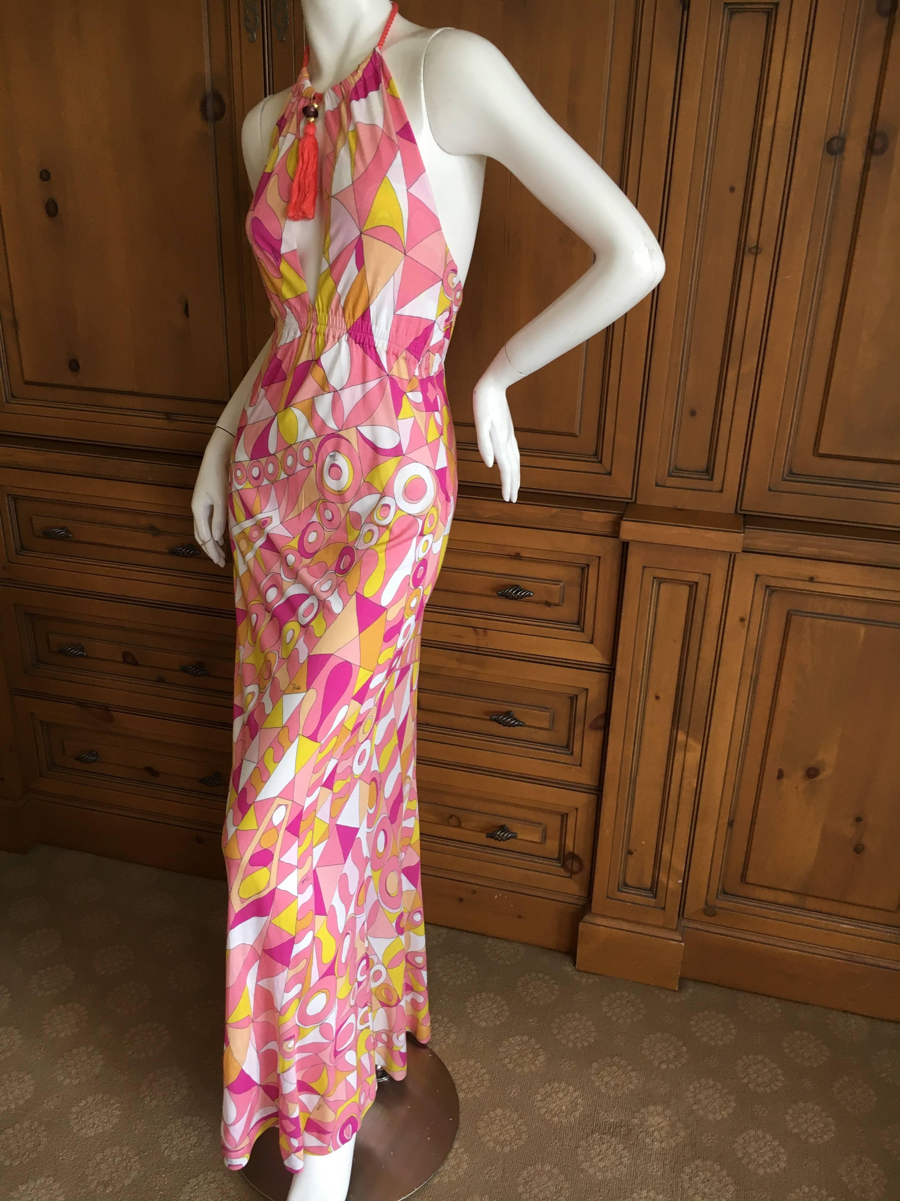 Wonderful long halter dress with attached tassel necklace from Emelio Pucci.
Perfect for a beach cover up, super thin viscose.
 So chic, so summery.
 Size 38 
Bust 36 " 
Waist 24"
 Hips 42" 
Length 62"
Excellent condition