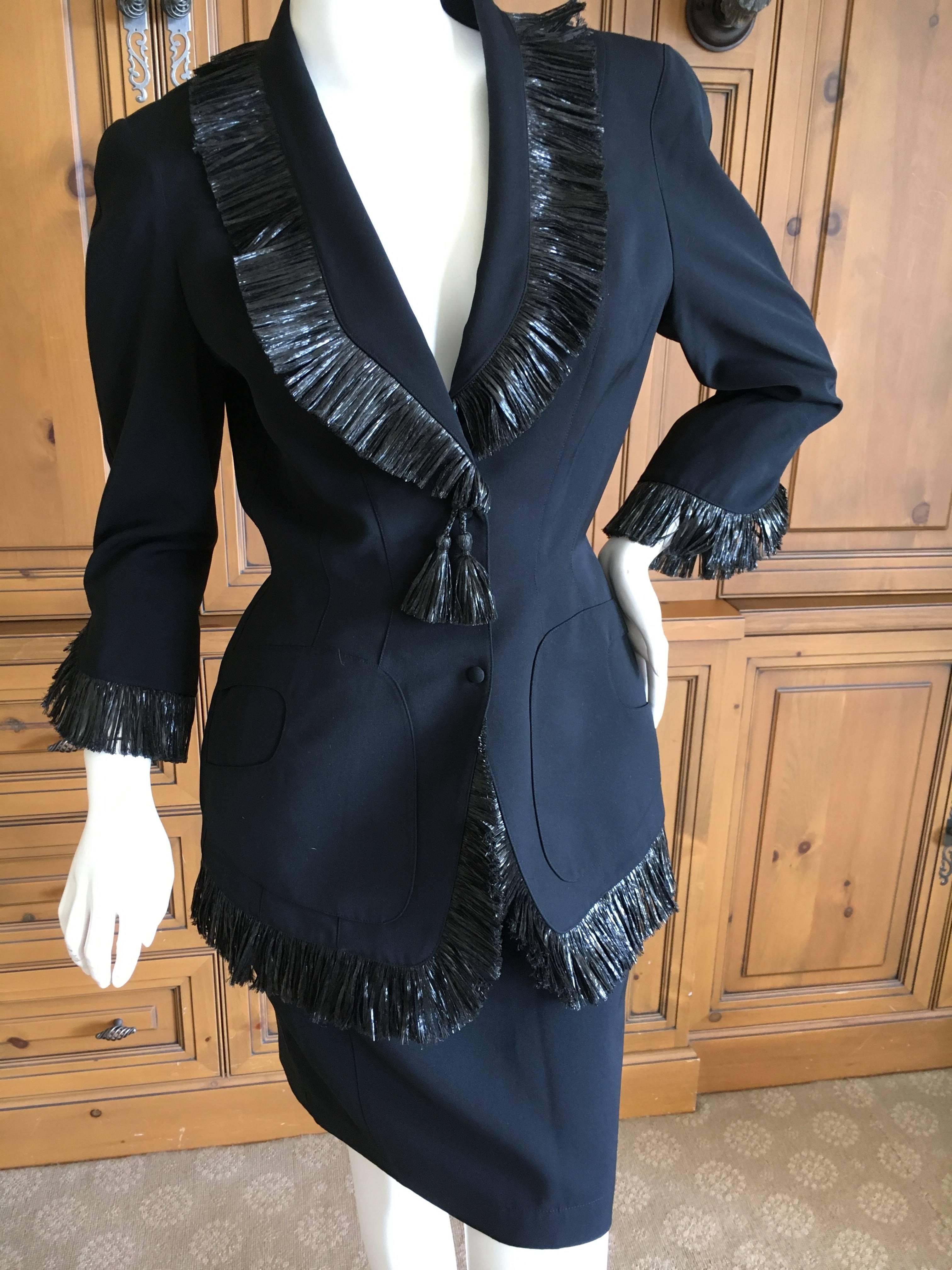 Thierry Mugler Vintage 1980's Black Suit with Raffia Fringe Tassel and Trim  In Excellent Condition For Sale In Cloverdale, CA