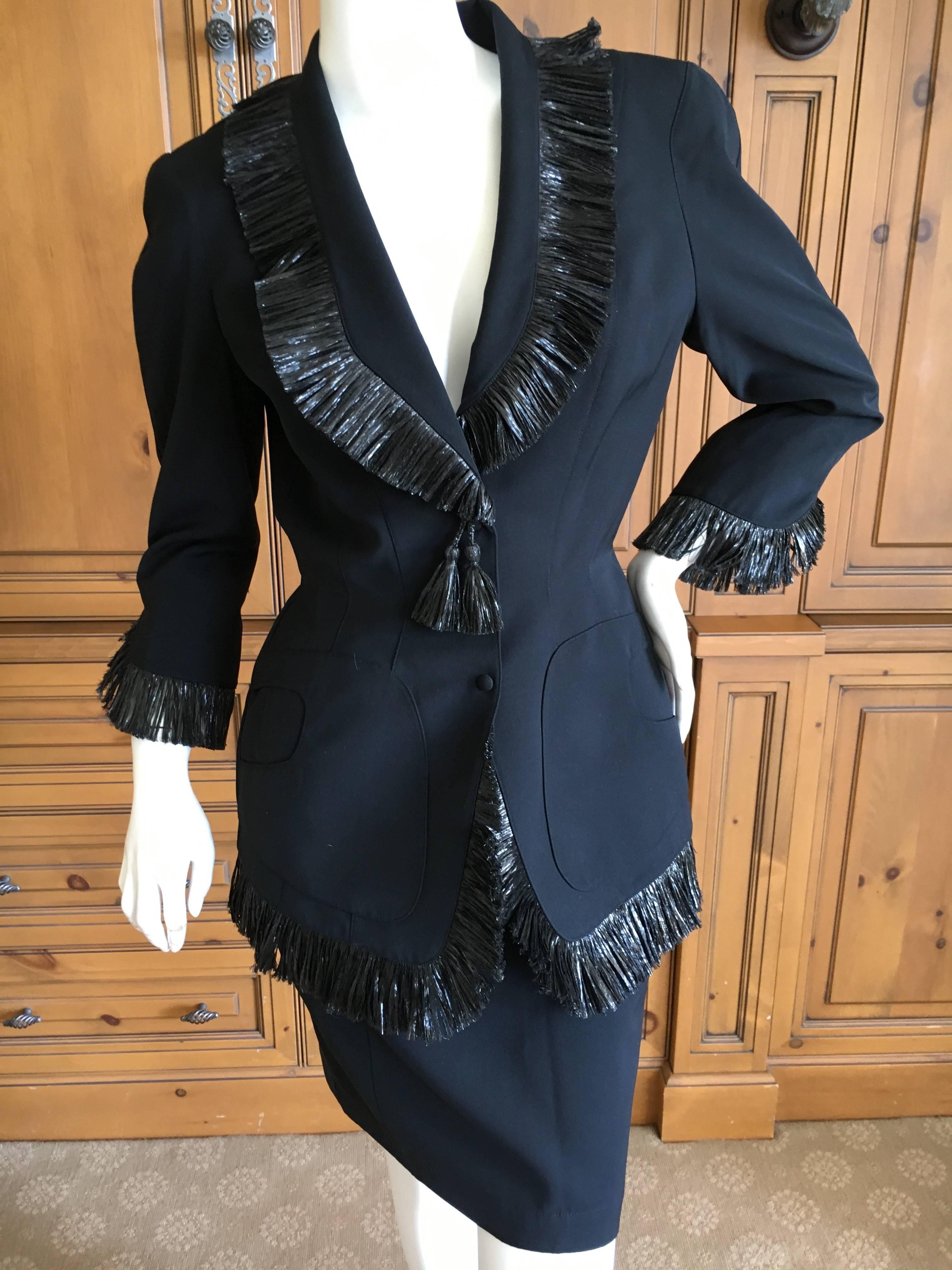 Women's Thierry Mugler Vintage 1980's Black Suit with Raffia Fringe Tassel and Trim  For Sale