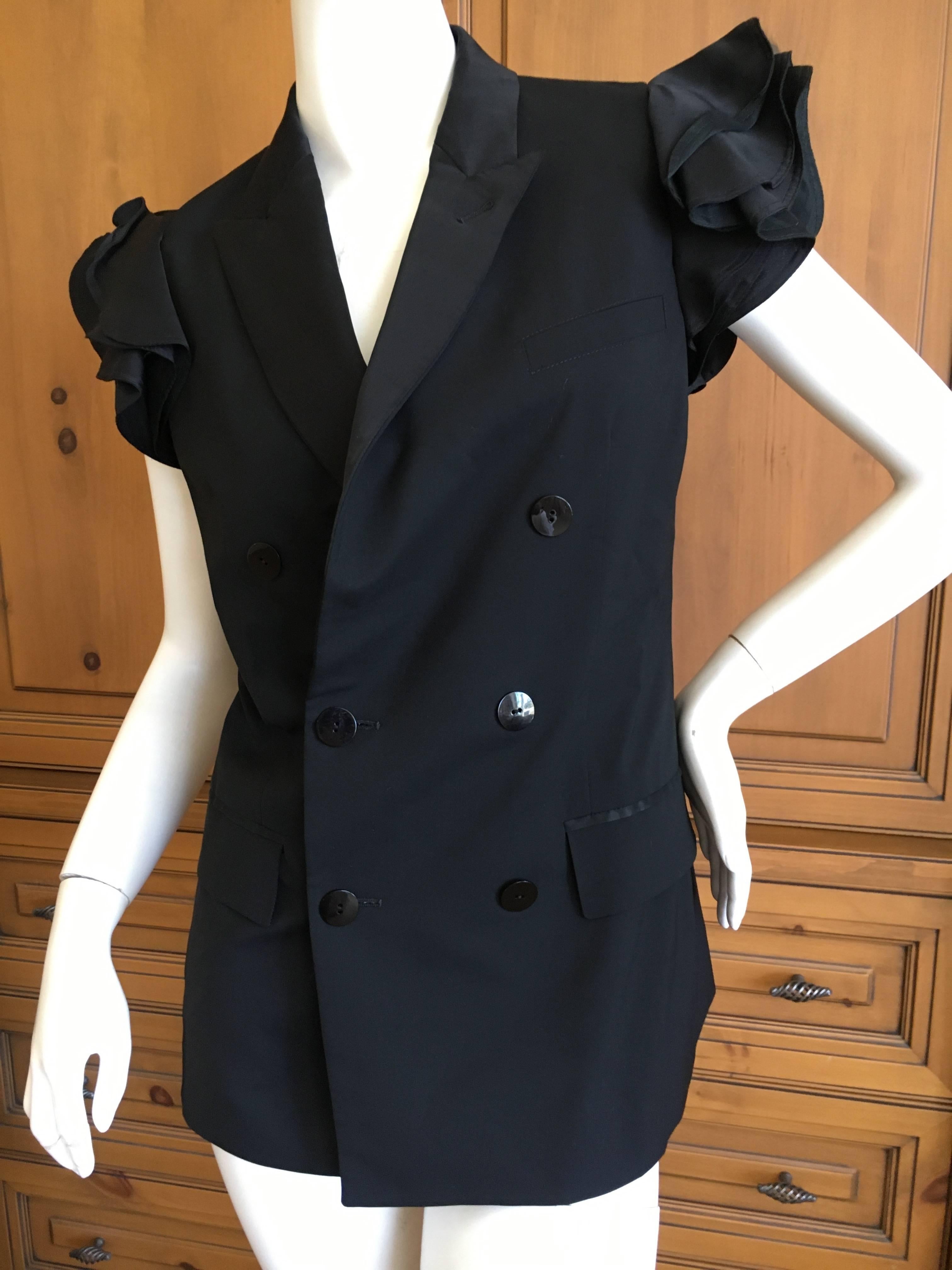 Jean Paul Gaultier Vintage Black Sleeveless Double Breasted Jacket with Ruffles In Excellent Condition For Sale In Cloverdale, CA