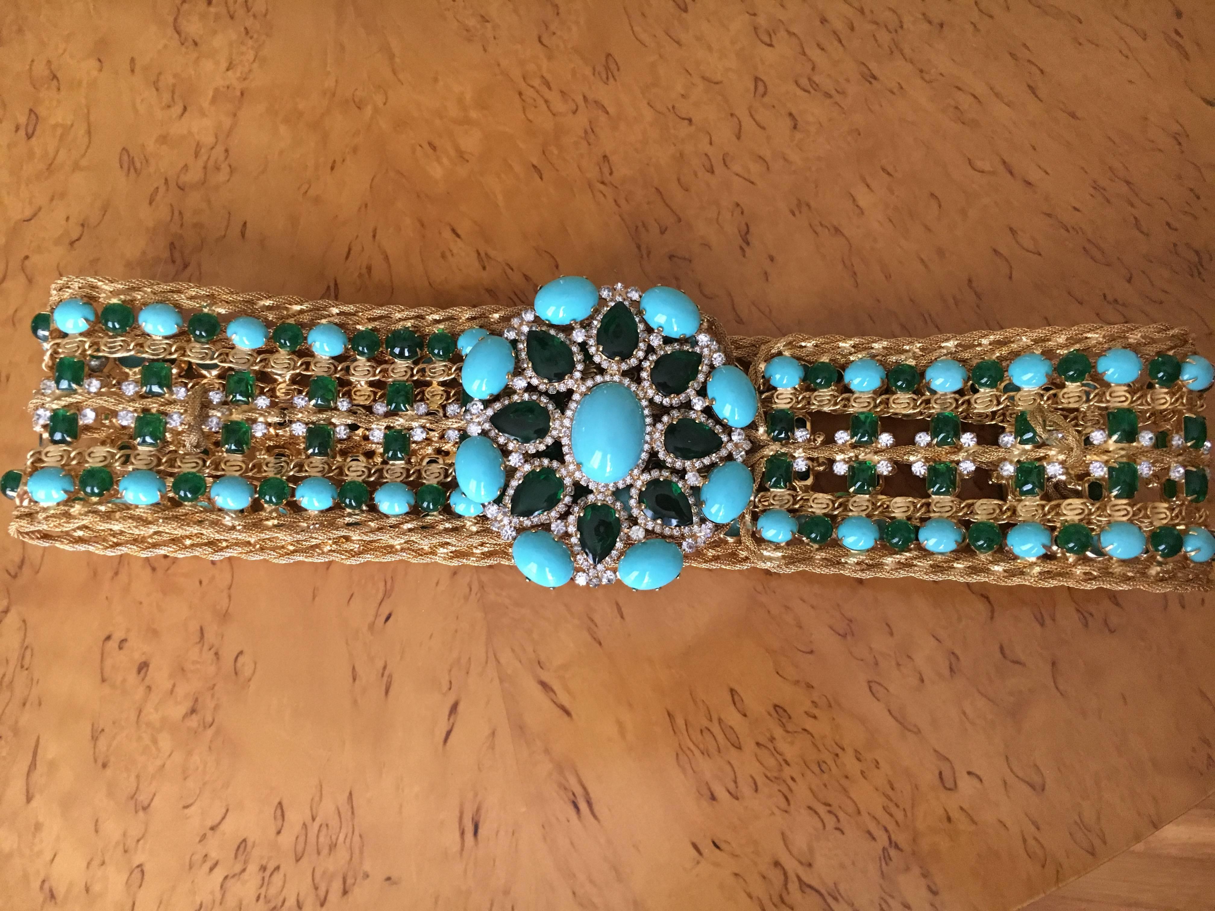 Kenneth Jay Lane Gobsmacking 1960's Faux Turquoise & Emerald Belt.
This is a sensational piece. 
I have rarely come across a KJL belt this wide.
The belt is 3" wide, and the buckle measures 4.5" x 3.5"
Excellent condition o