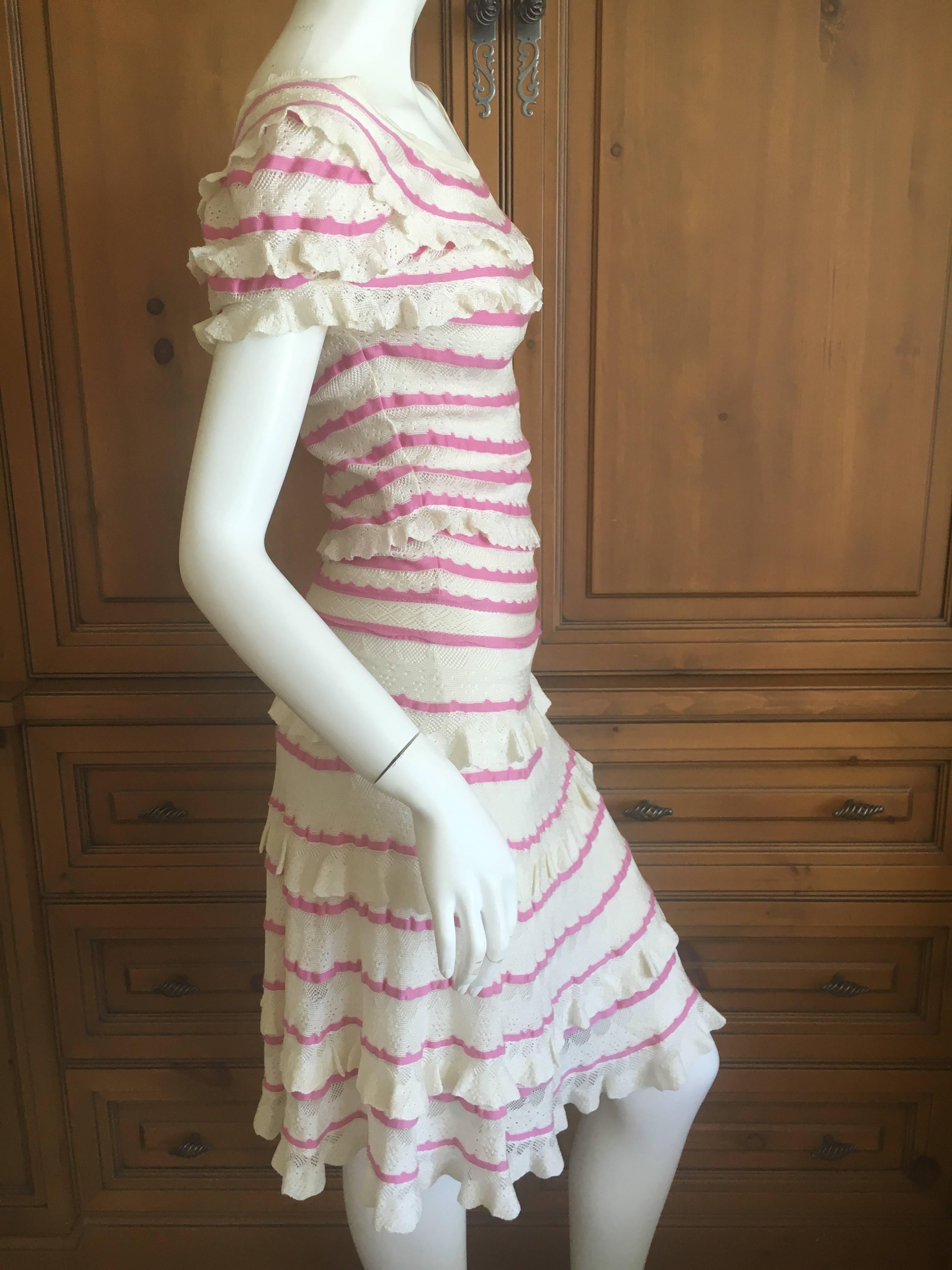 White Christian Dior by John Galliano Romantic Ruffled Pink and Cream Knit Dress For Sale