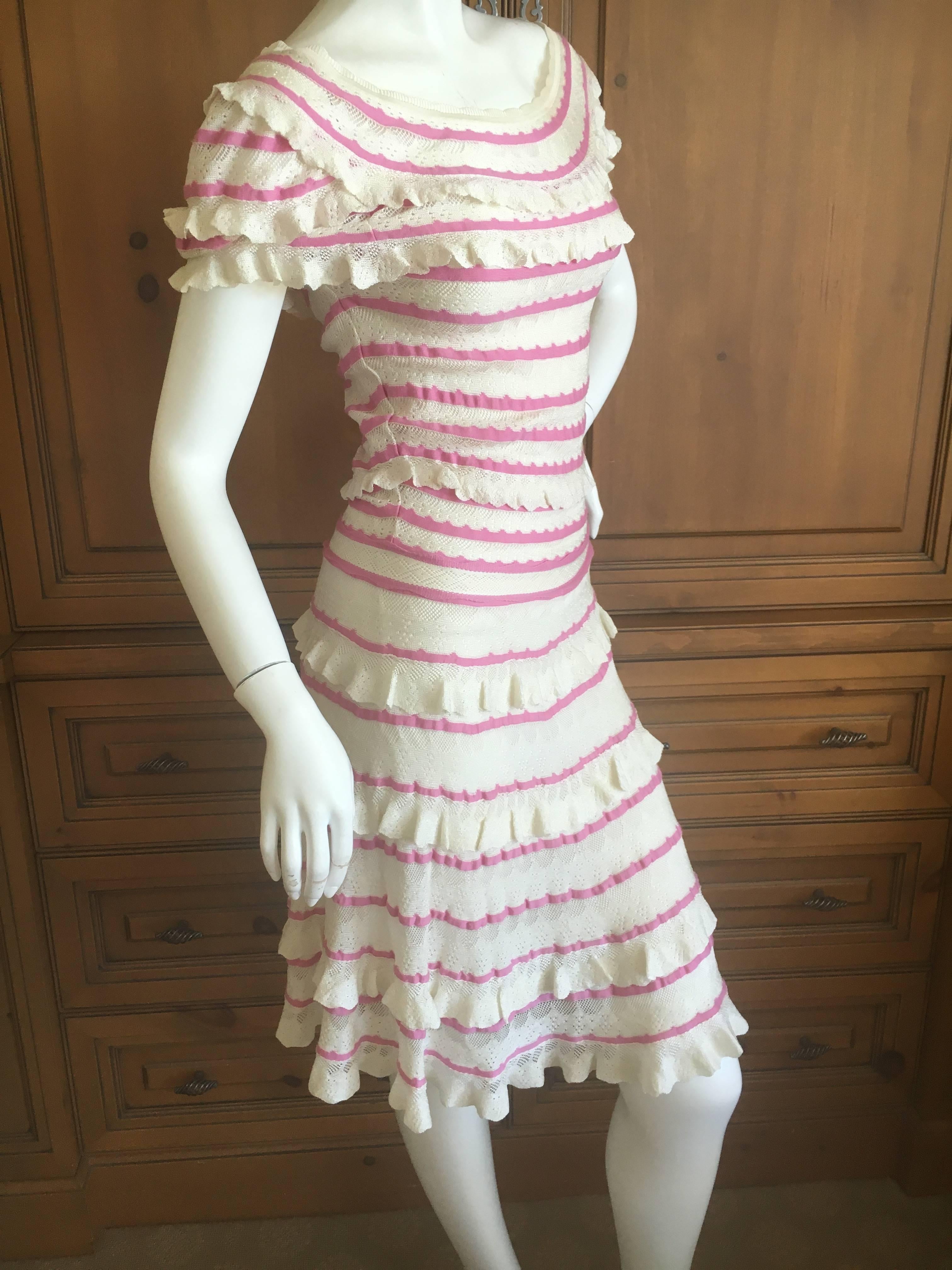 Christian Dior by John Galliano Romantic Ruffled Pink and Cream Knit Dress In Excellent Condition For Sale In Cloverdale, CA