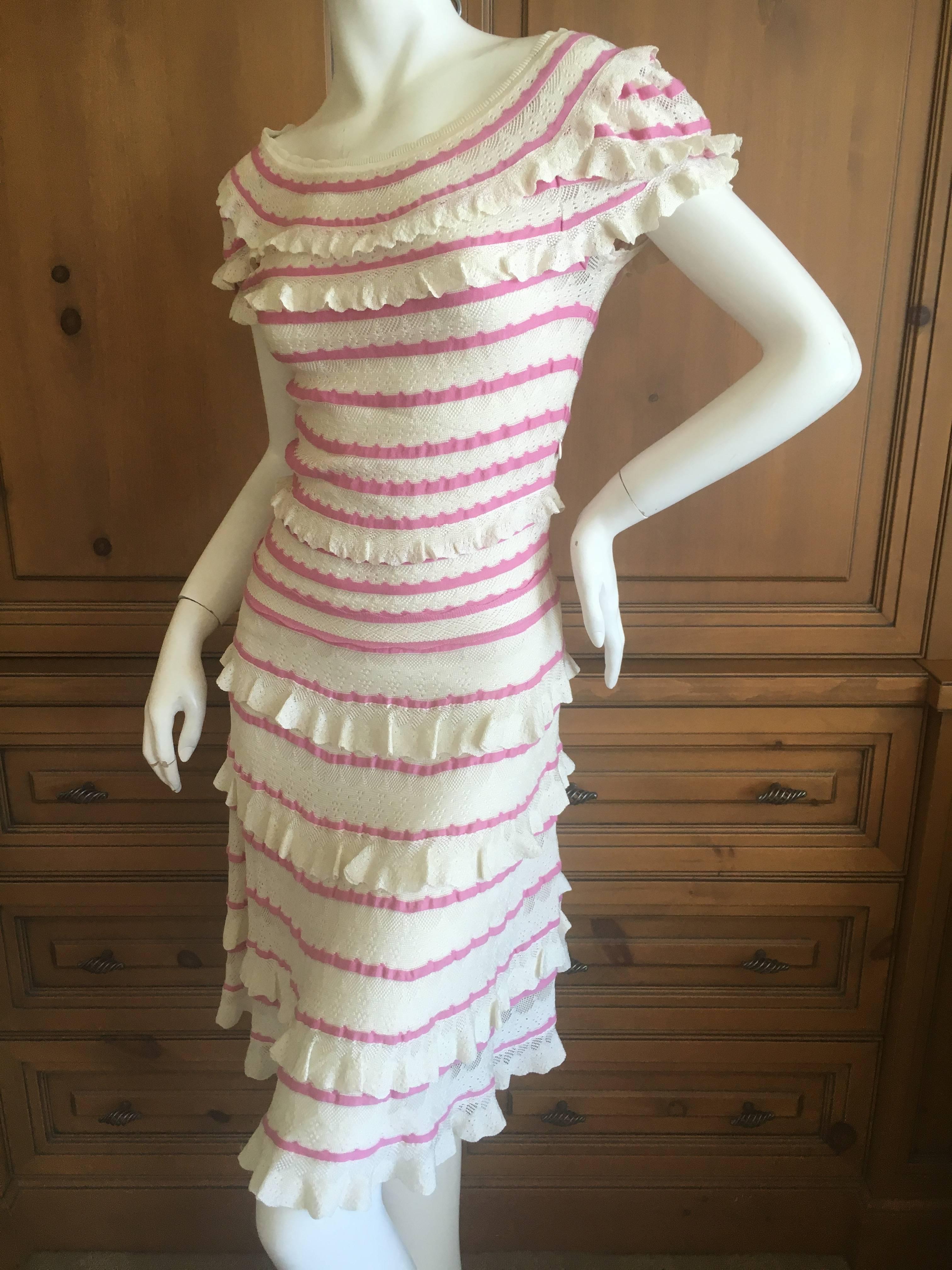 Christian Dior by John Galliano Romantic Ruffled Pink and Cream Knit Dress For Sale 2