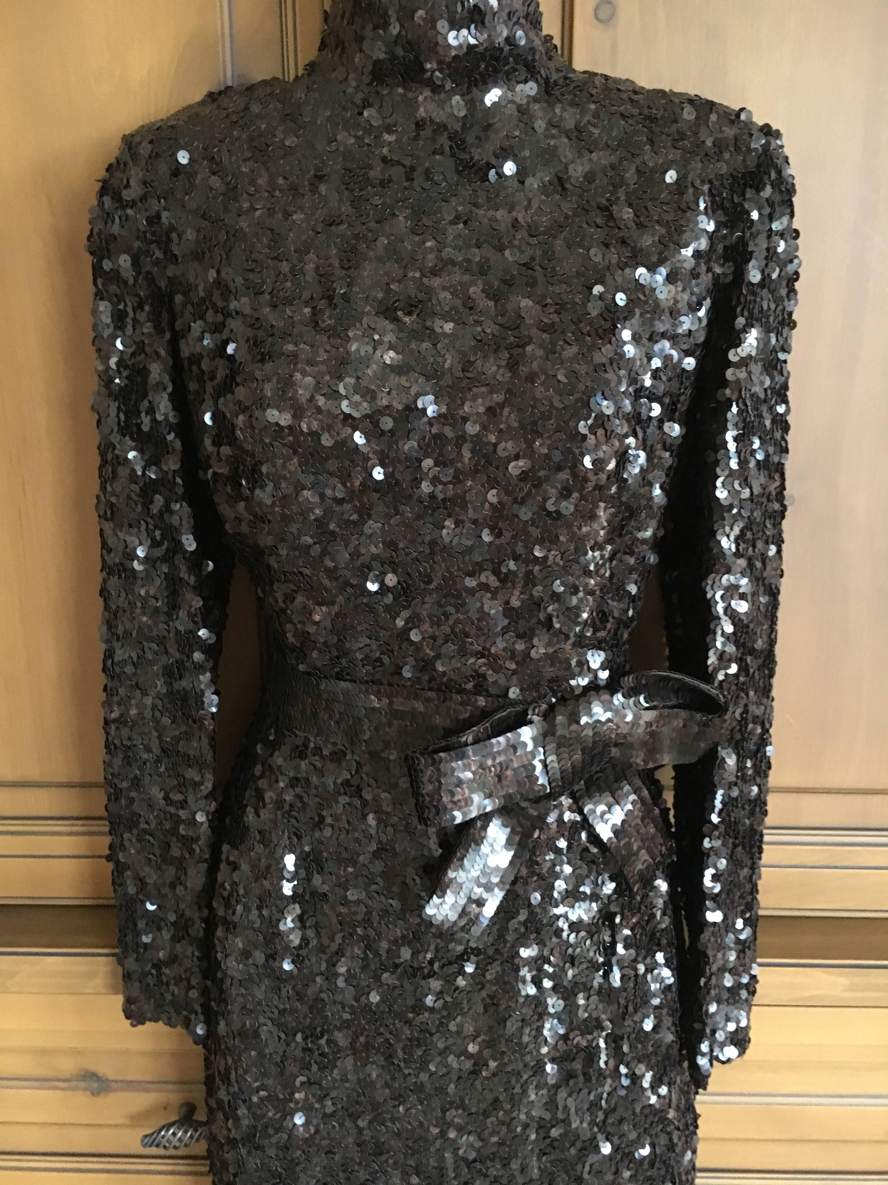 Black Norman Norell 1960's Sequin Cocktail Dress with Attached Bow Belt For Sale