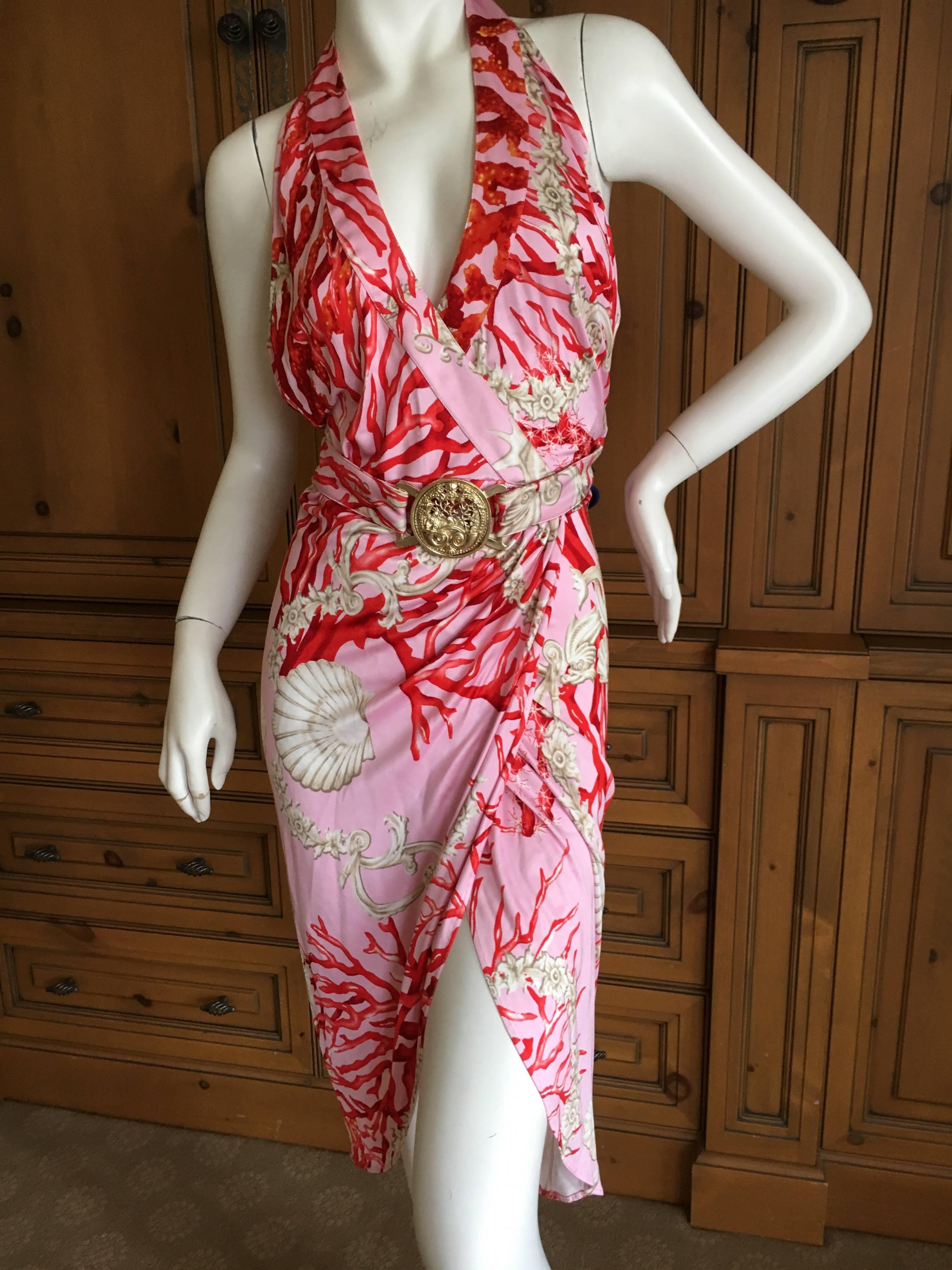 Brown Versace Vintage Coral and Shell Print Halter Dress with Bold Gold Medallion Belt