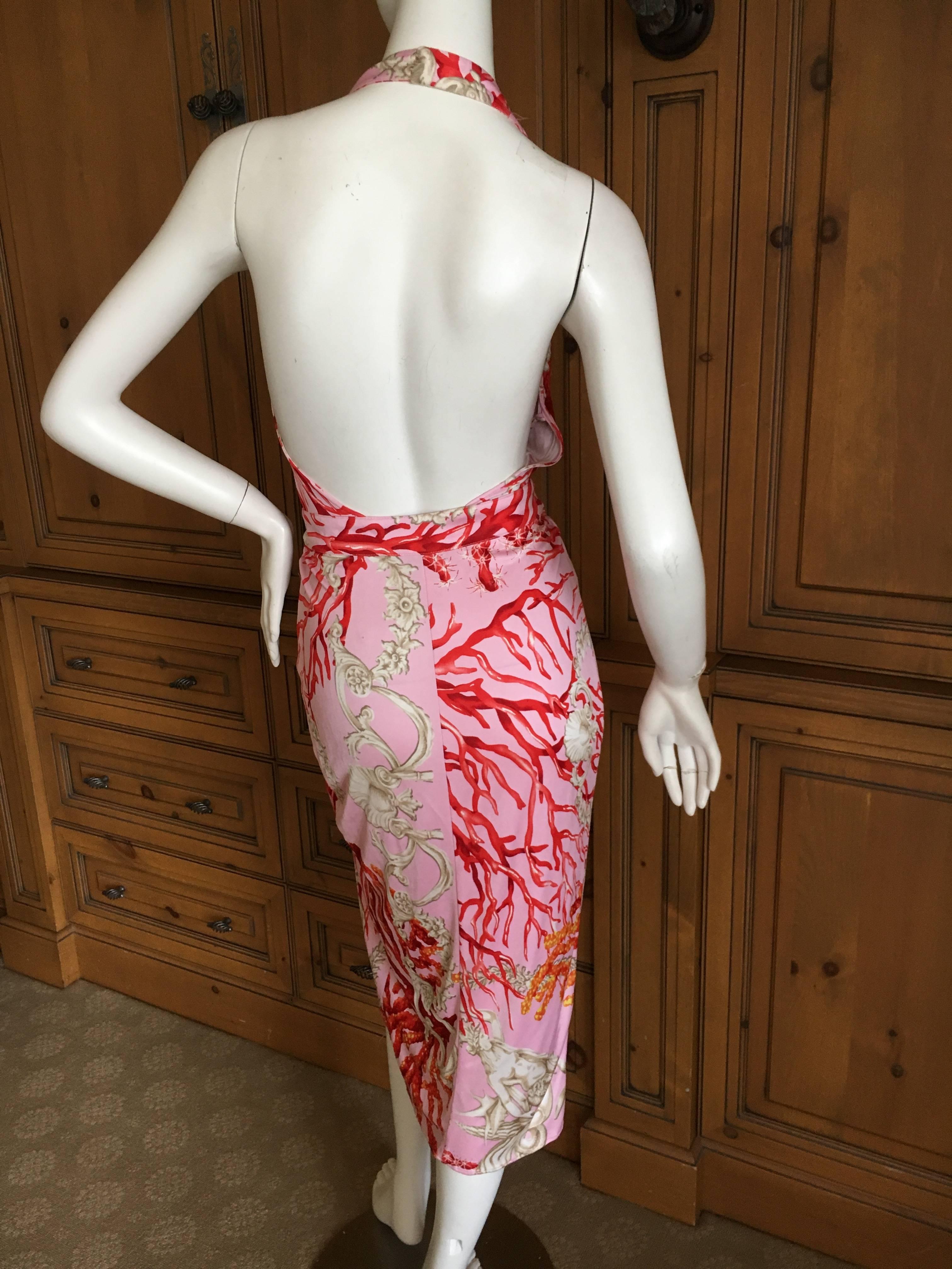 Women's Versace Vintage Coral and Shell Print Halter Dress with Bold Gold Medallion Belt