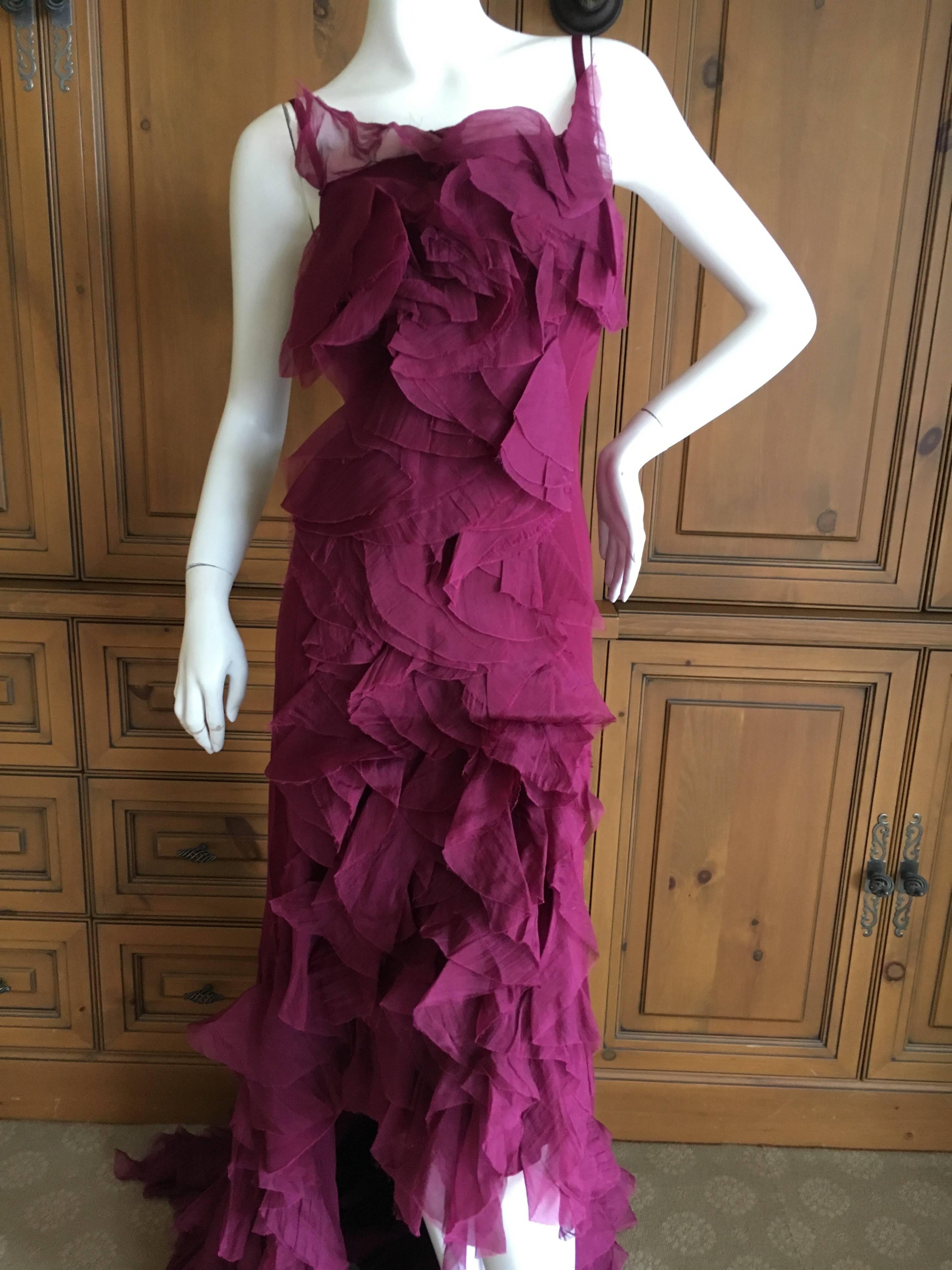 Women's Nina Ricci Vintage Fuscia Silk Organza Petal Flamenco Dress with Train For Sale