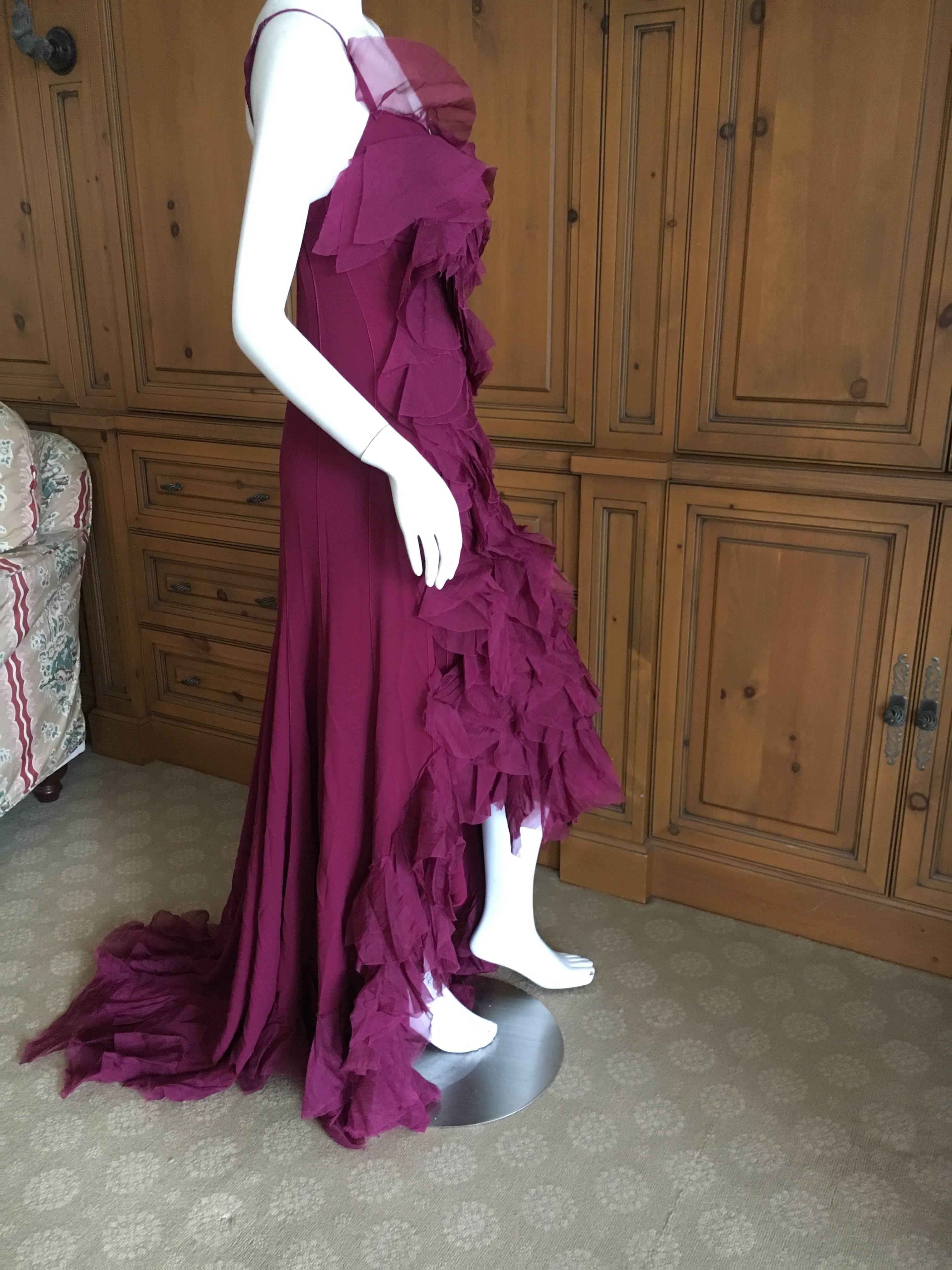 Nina Ricci Vintage Fuscia Silk Organza Petal Flamenco Dress with Train For Sale 3