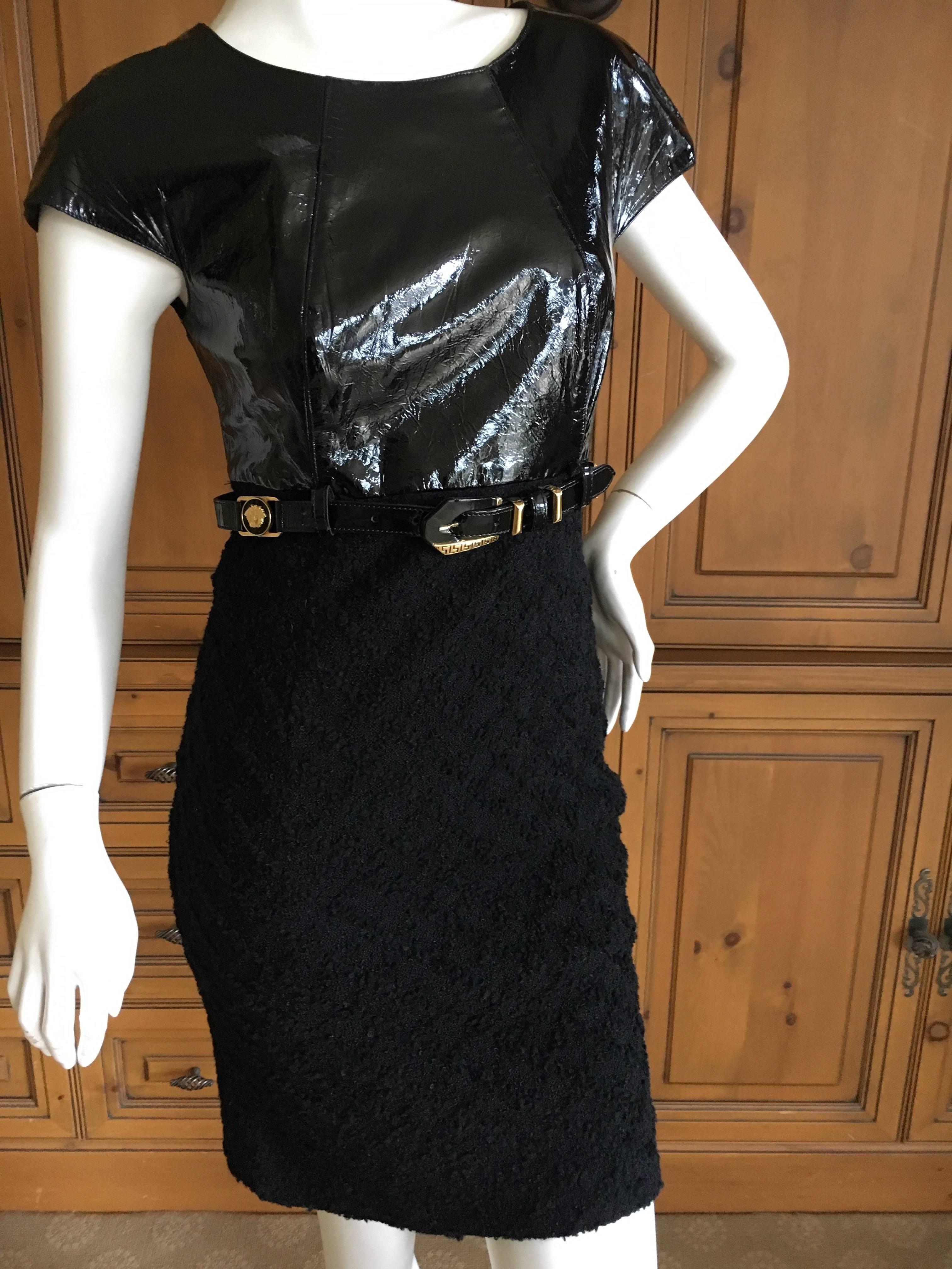 Gianni Versace Couture 1980's Black Patent & Boucle Mini Dress w Medusa Belt.
Size 8
Bust 34