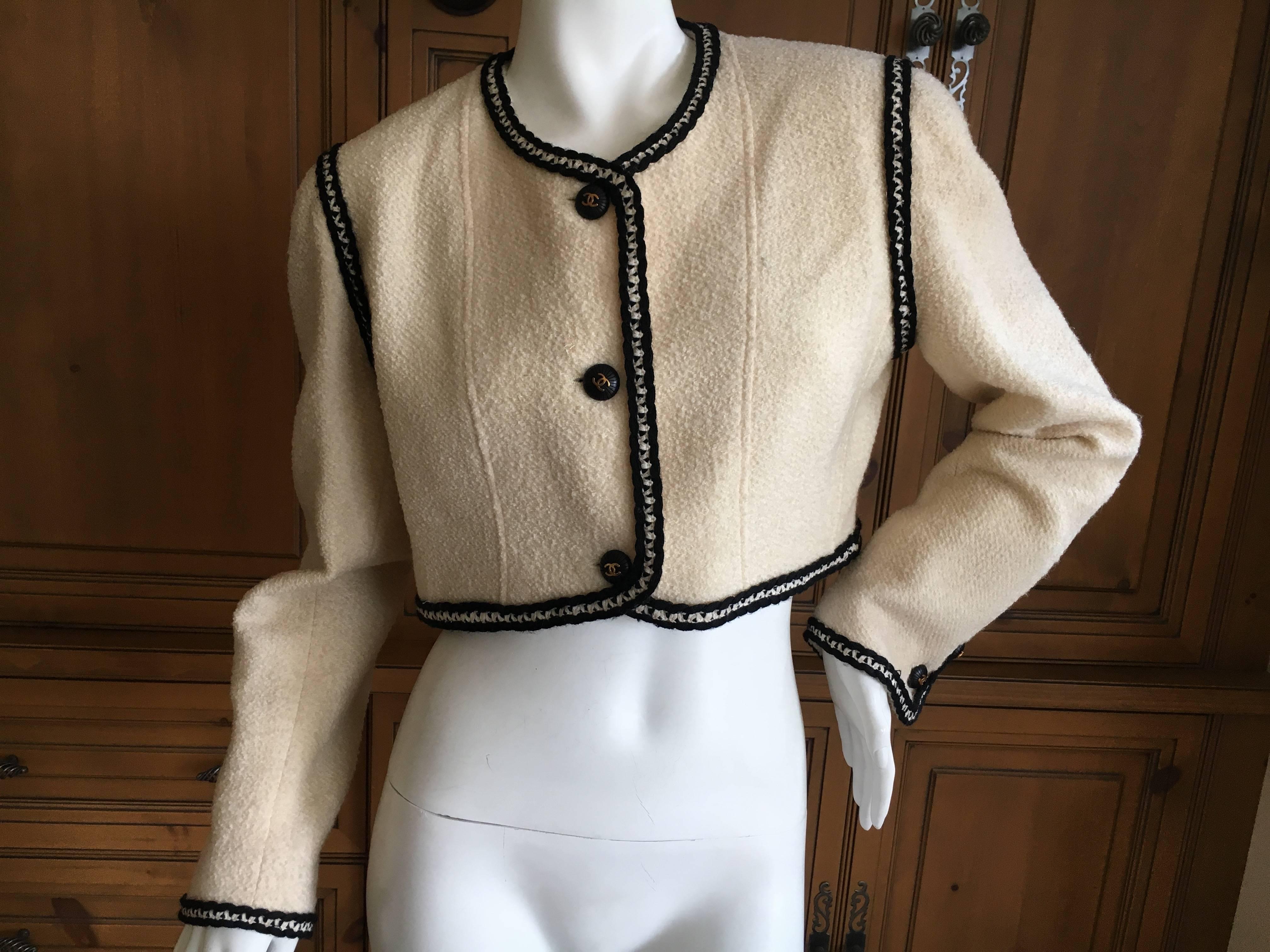 Brown Chanel Vintage Ivory Cropped Jacket with Contrasting Trim and Nine CC Buttons