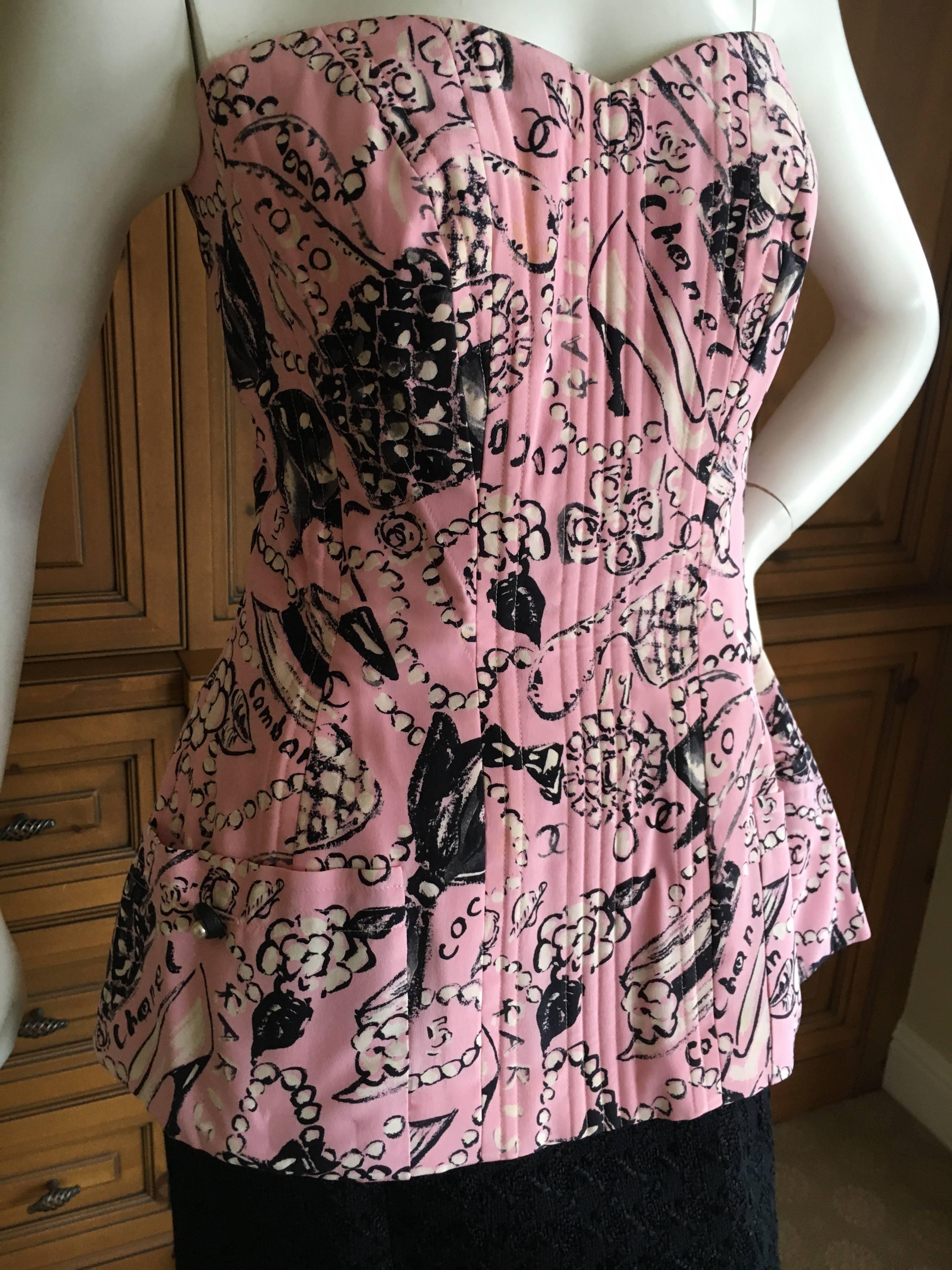 Brown Chanel Vintage Bustier with Karl Lagerfeld Coco Sketch Print Silk Spring 1993 For Sale