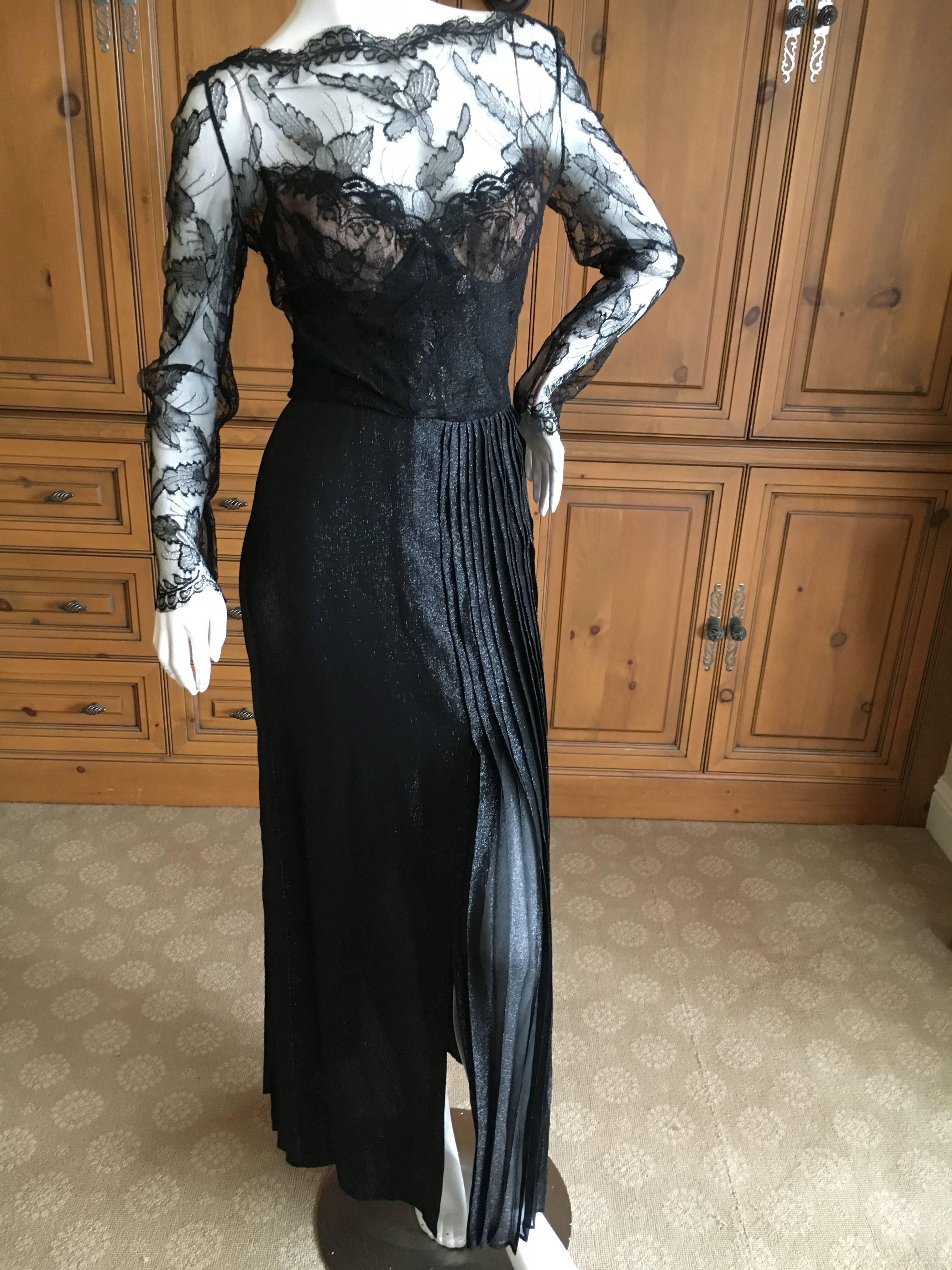 Galanos Black Lace Evening Dress with Pleated Skirt.
Size small
Bust 34"
Waist 28"
Hips 44"
Length 59"
Excellent condition
James Galanos was considered America's answer to the French Couture.  Everything hand finished , inside