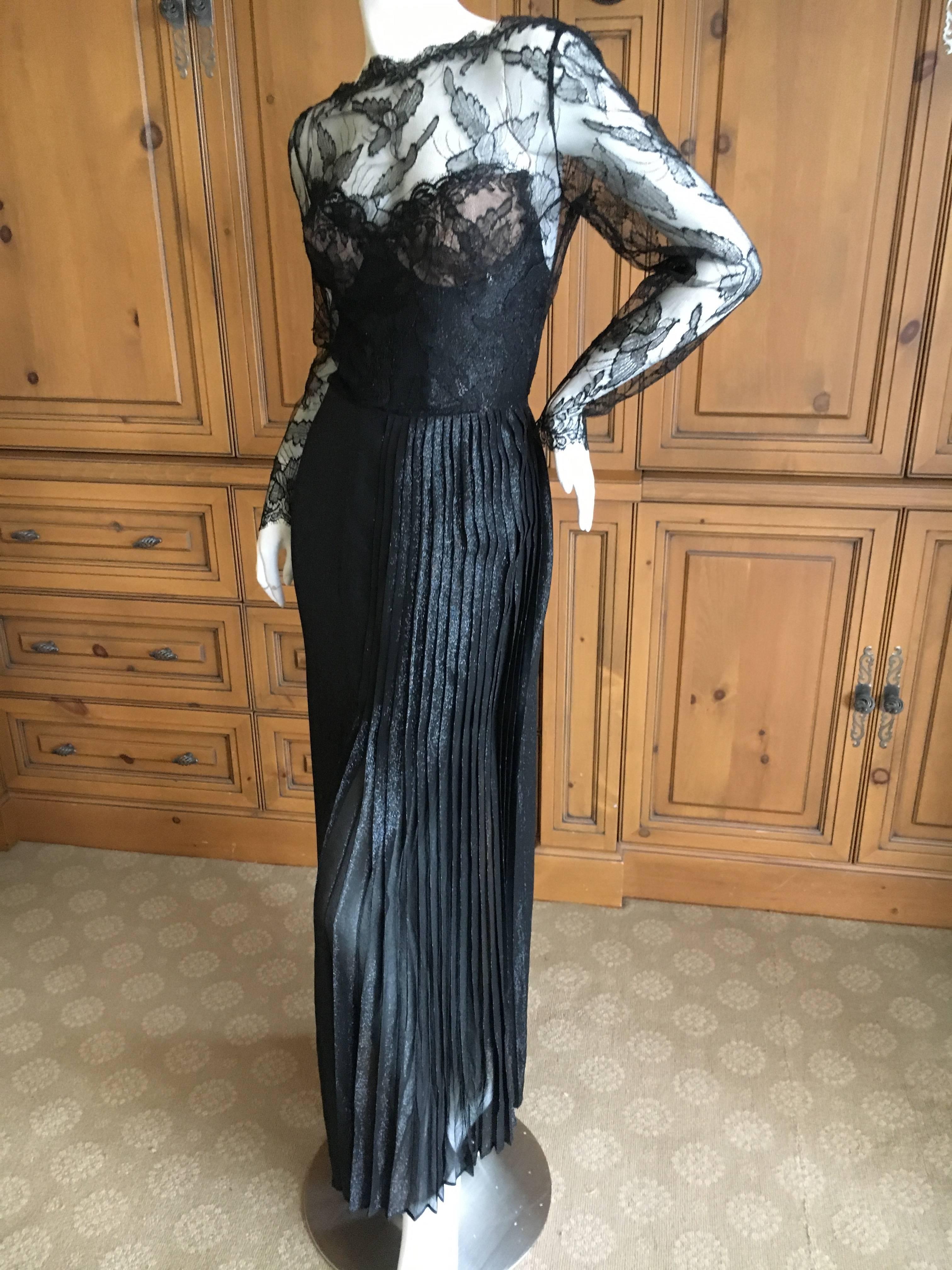 Galanos Black Lace Evening Dress with Pleated Skirt In Excellent Condition For Sale In Cloverdale, CA