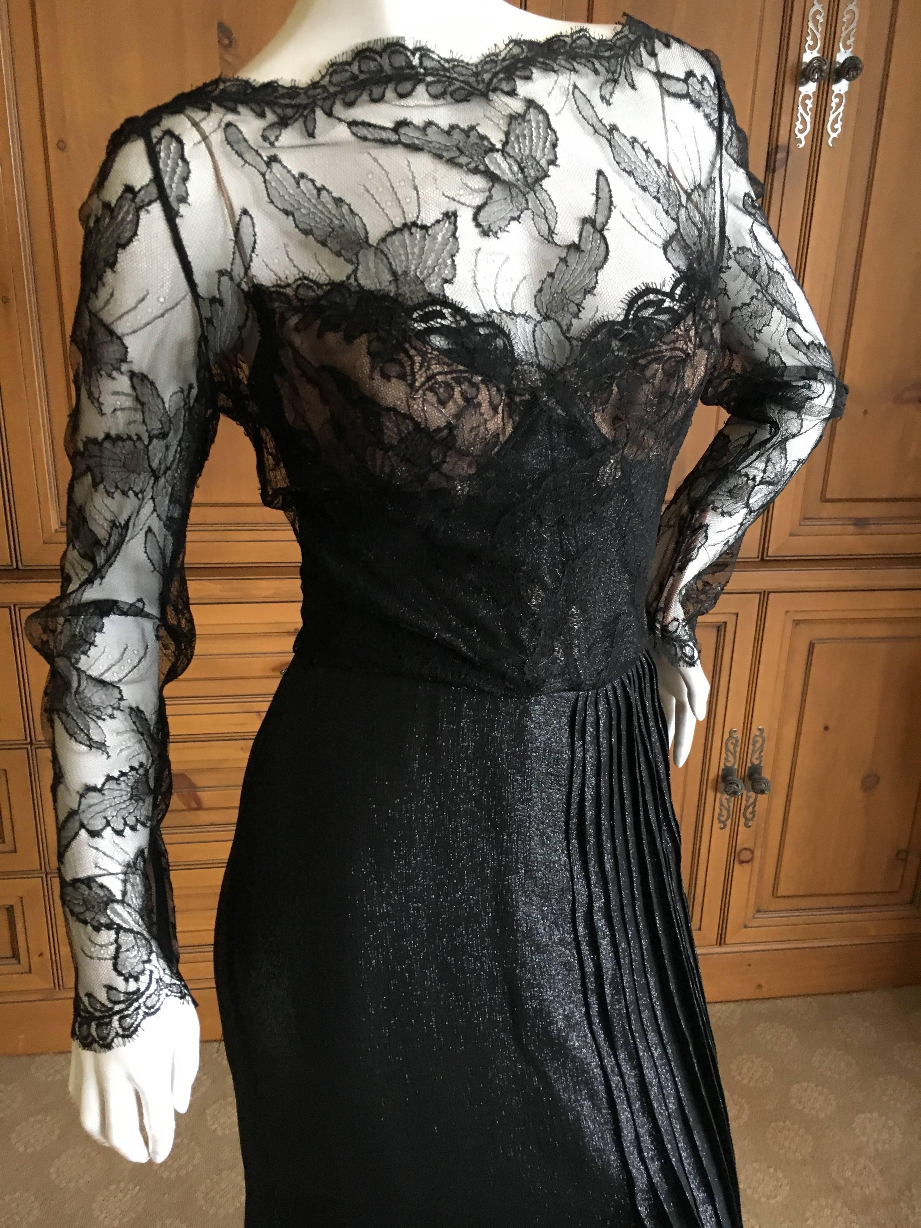 Galanos Black Lace Evening Dress with Pleated Skirt For Sale 1