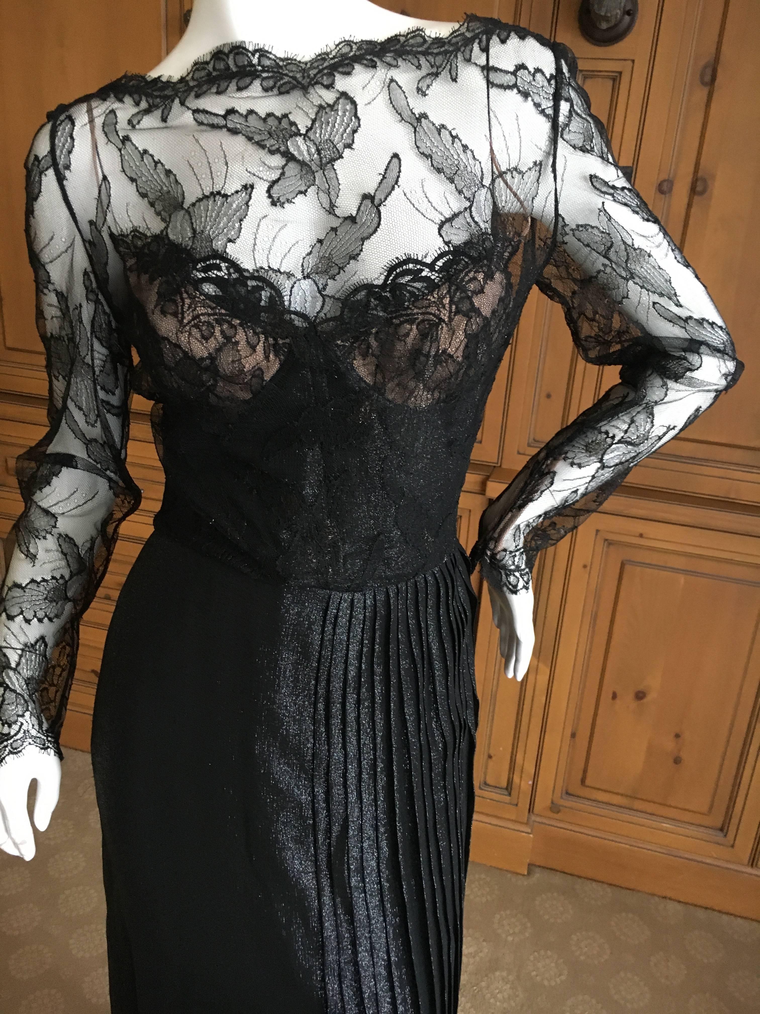 Galanos Black Lace Evening Dress with Pleated Skirt For Sale 2