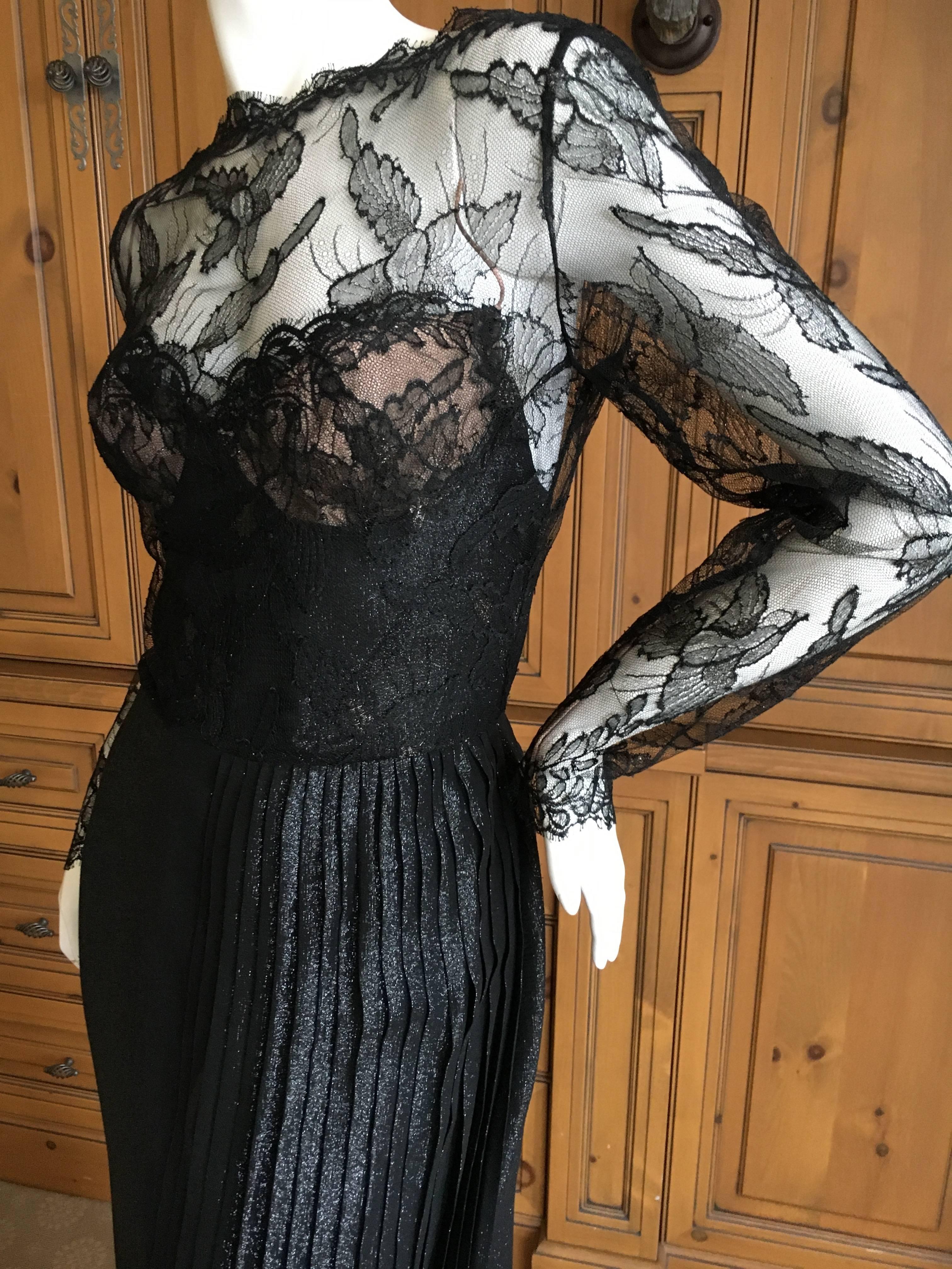 Galanos Black Lace Evening Dress with Pleated Skirt For Sale 4