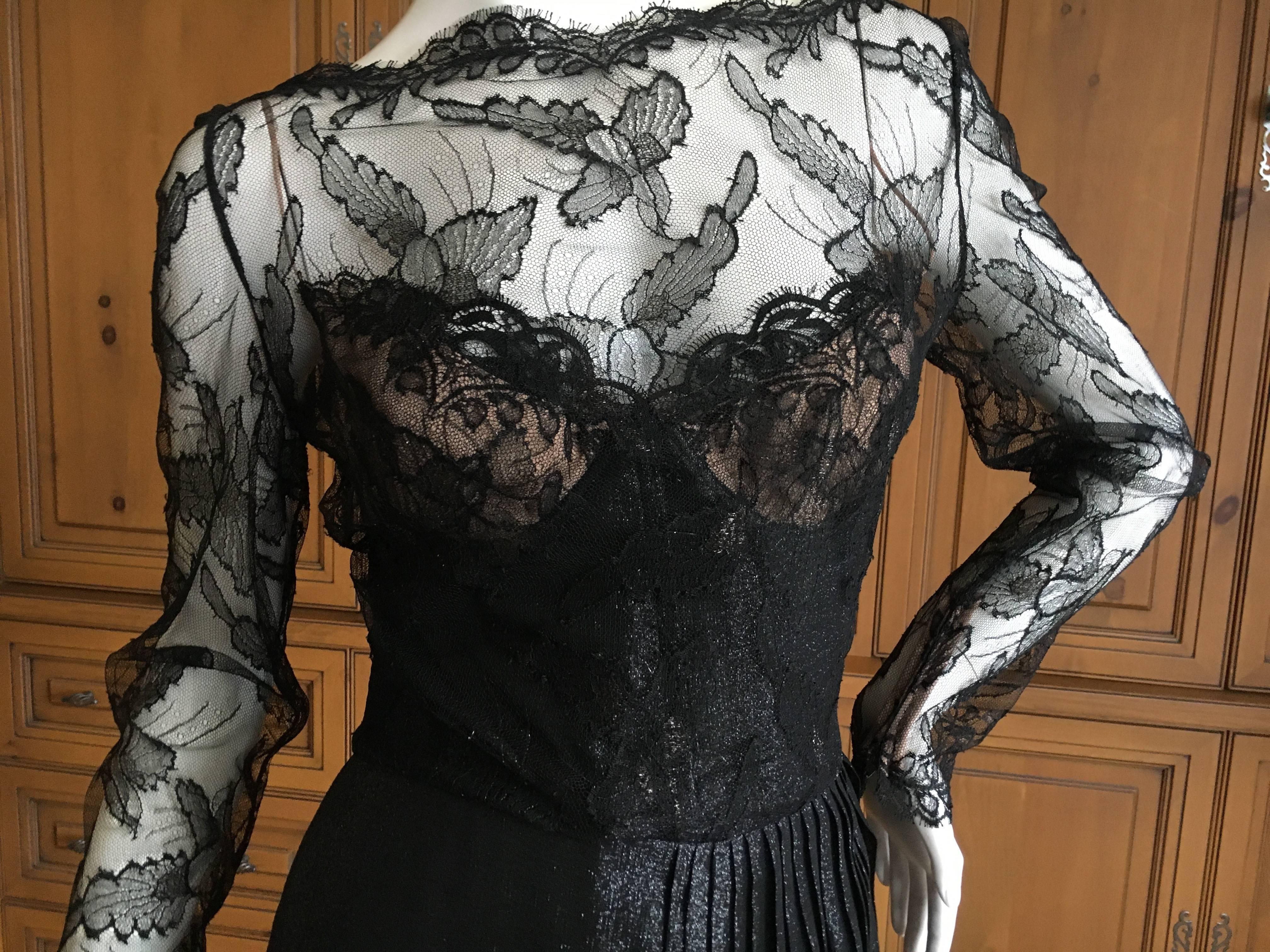 Galanos Black Lace Evening Dress with Pleated Skirt For Sale 5