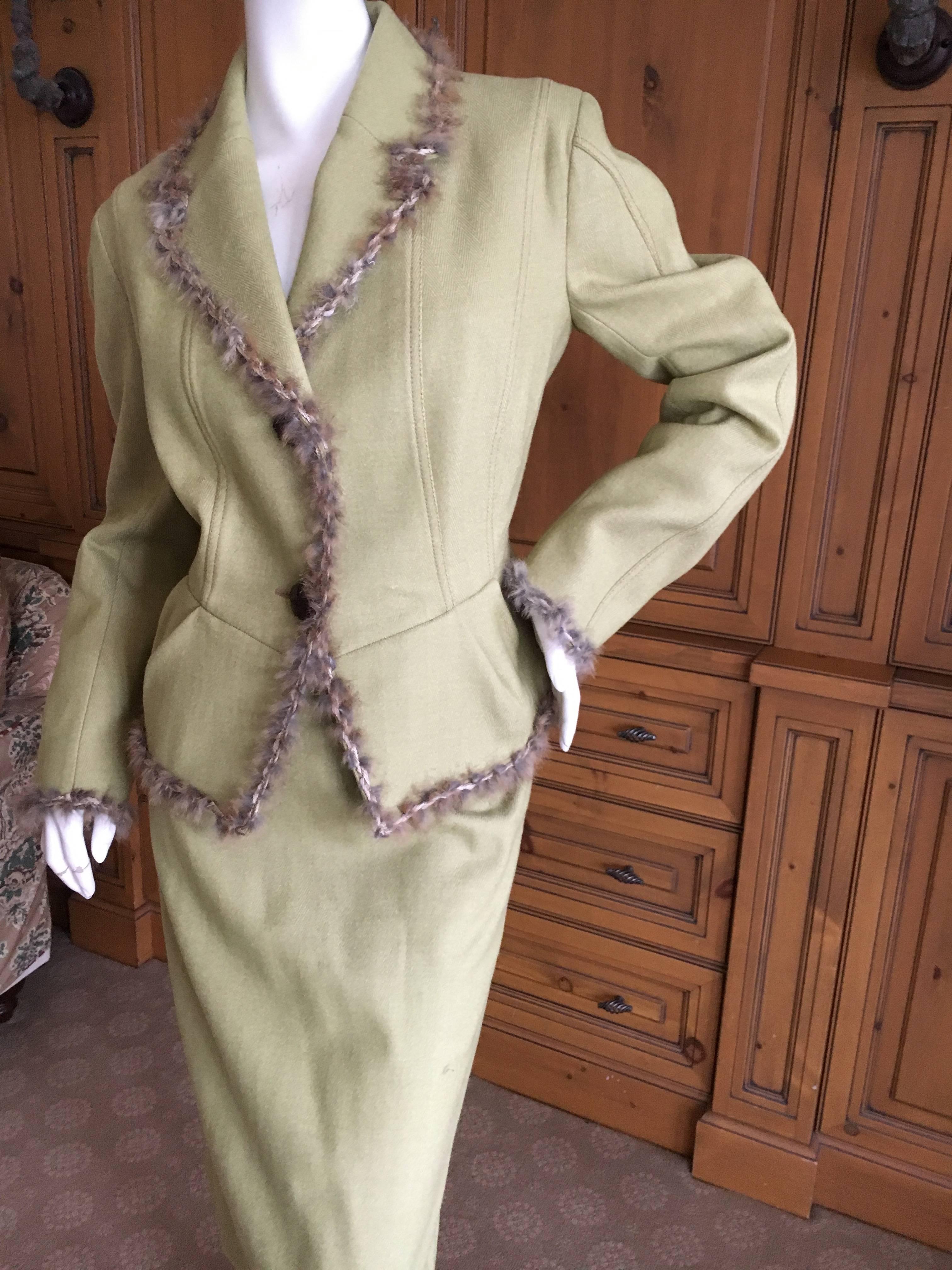 Women's John Galliano Vintage 90's Fur Trim Light Green Skirt Suit Size 44 For Sale