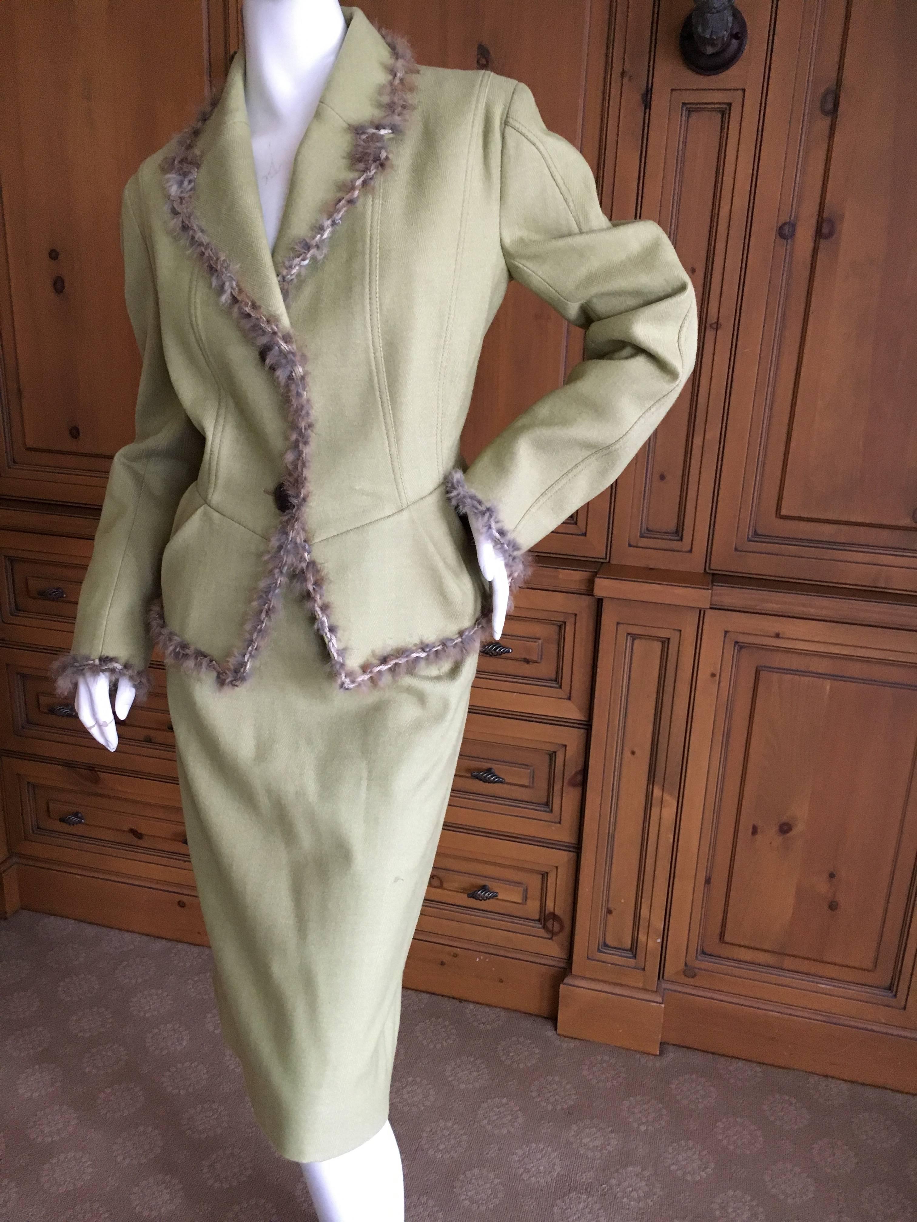 John Galliano Vintage 90's Fur Trim Light Green Skirt Suit Size 44 For Sale 1