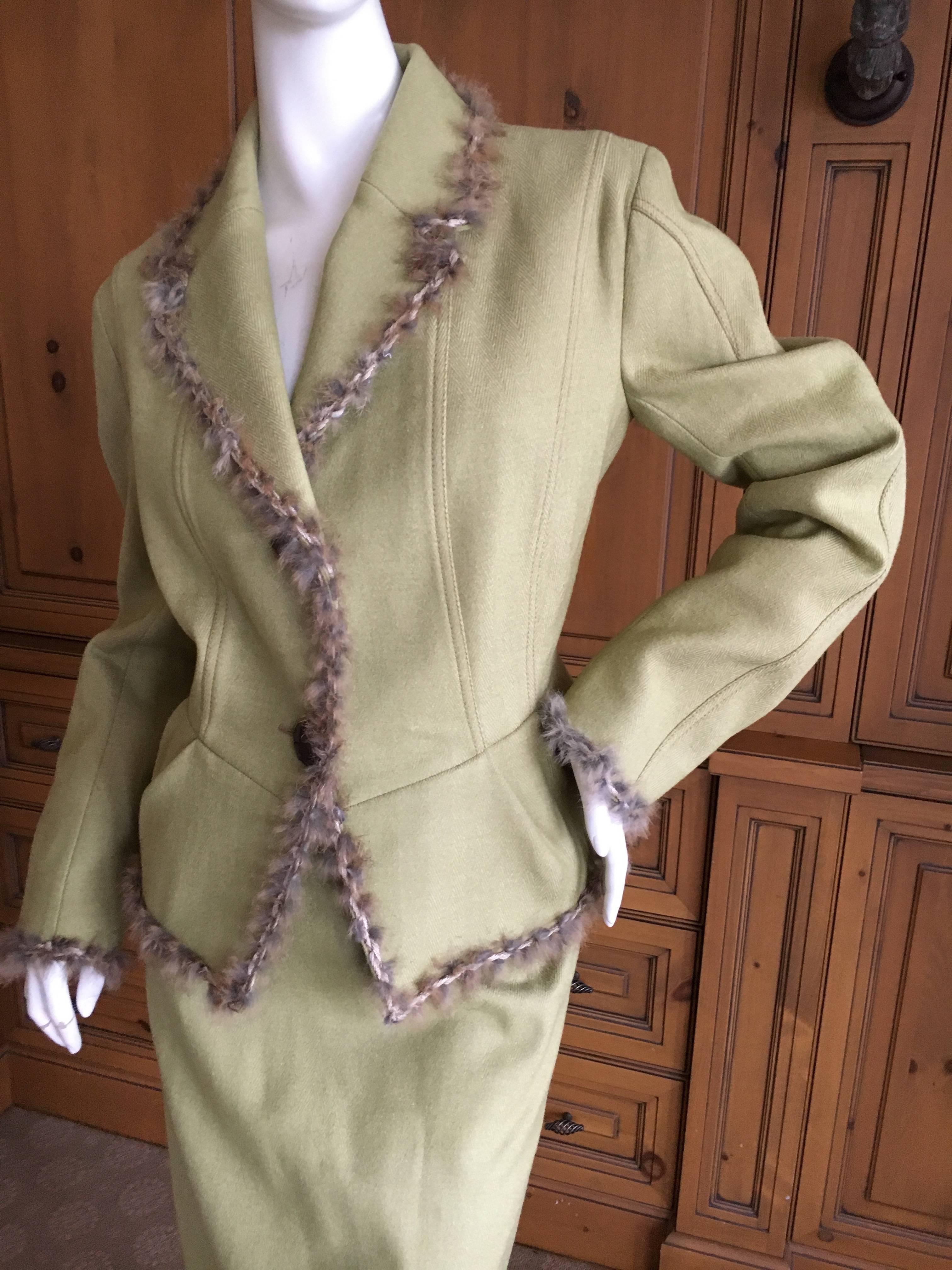 John Galliano Vintage 90's Fur Trim Light Green Skirt Suit Size 44 For Sale 2