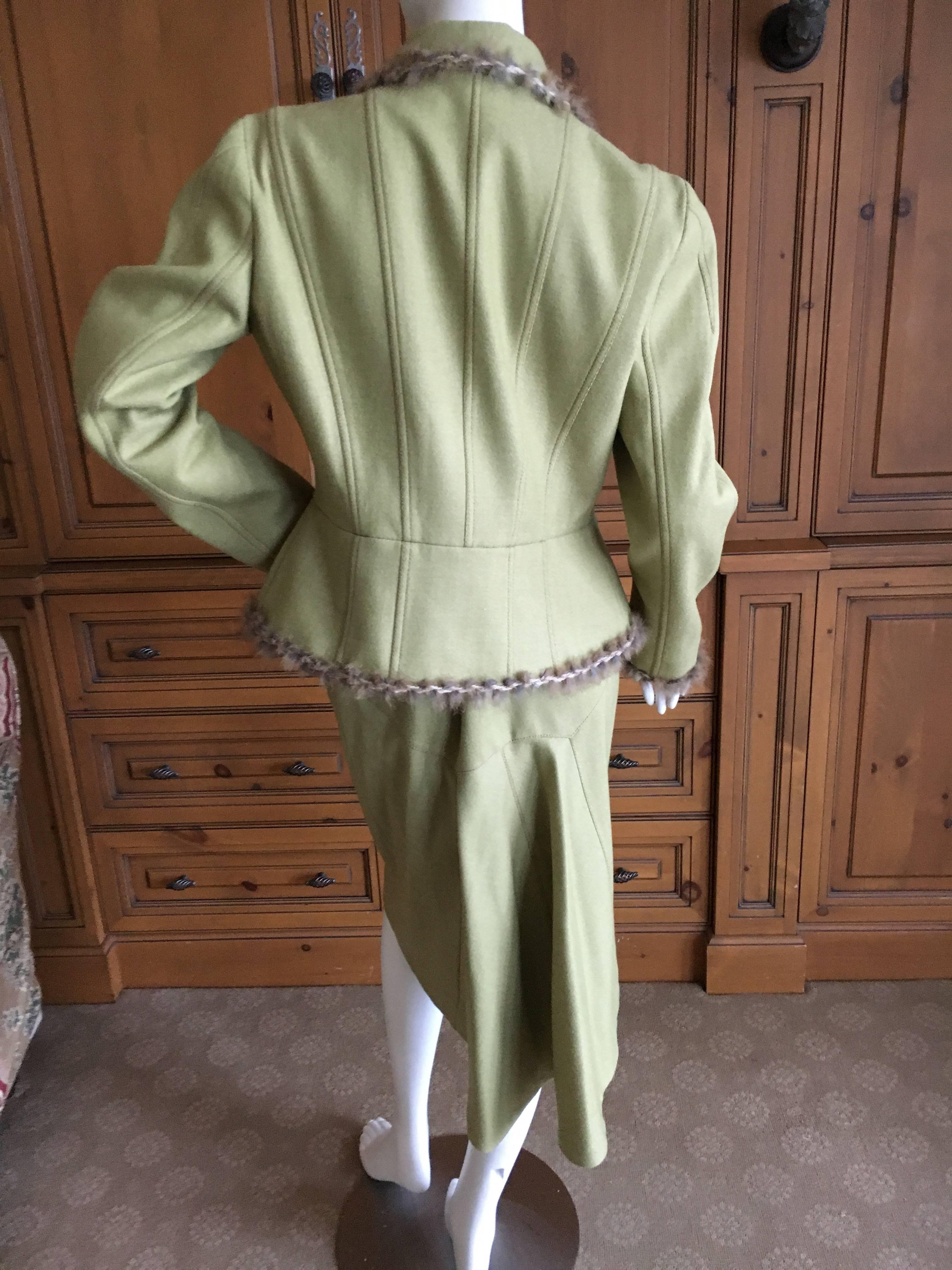 John Galliano Vintage 90's Fur Trim Light Green Skirt Suit Size 44 For Sale 3