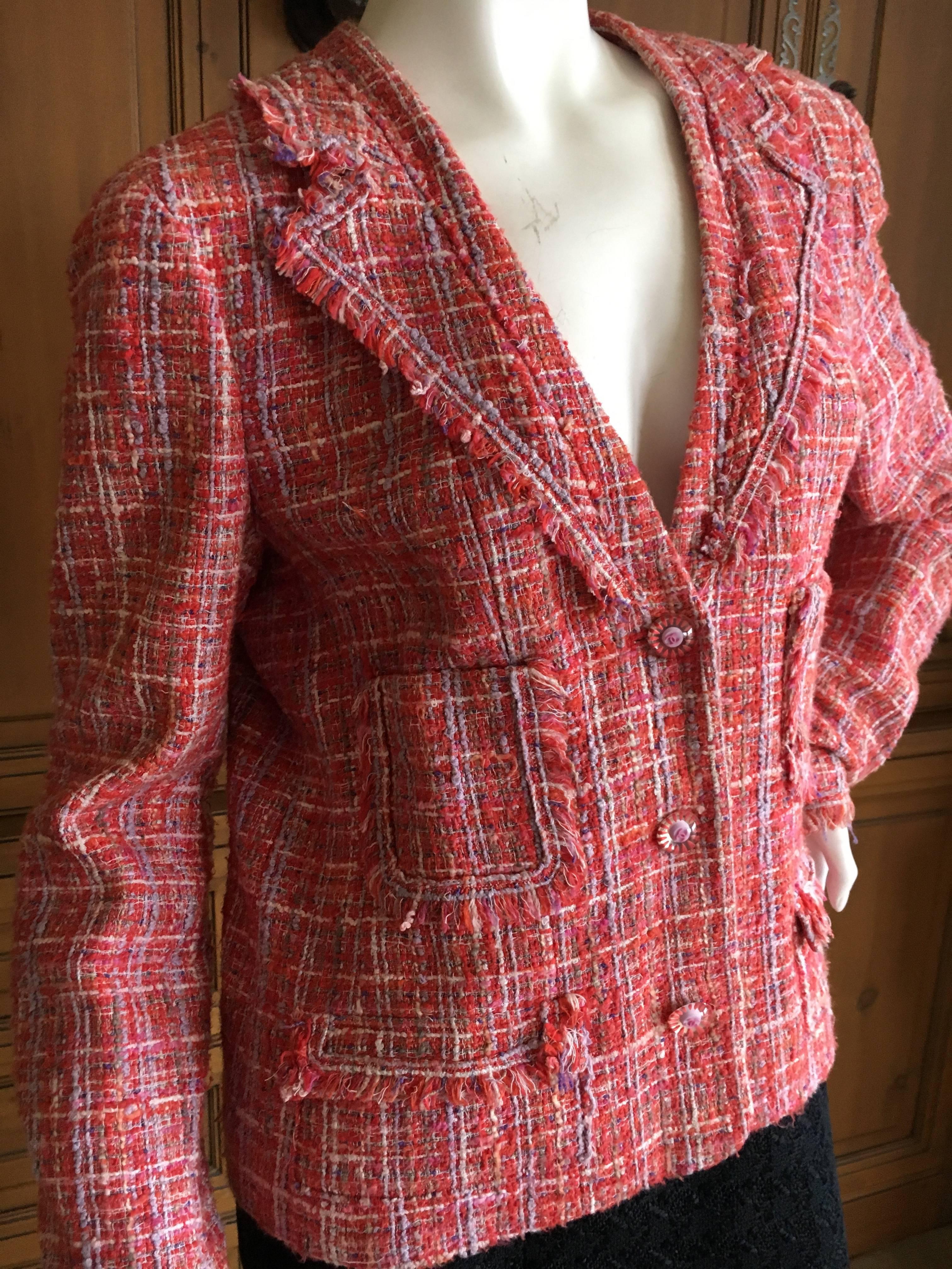 Pink Chanel 2004 Fantasy Tweed Fringed Jacket  For Sale