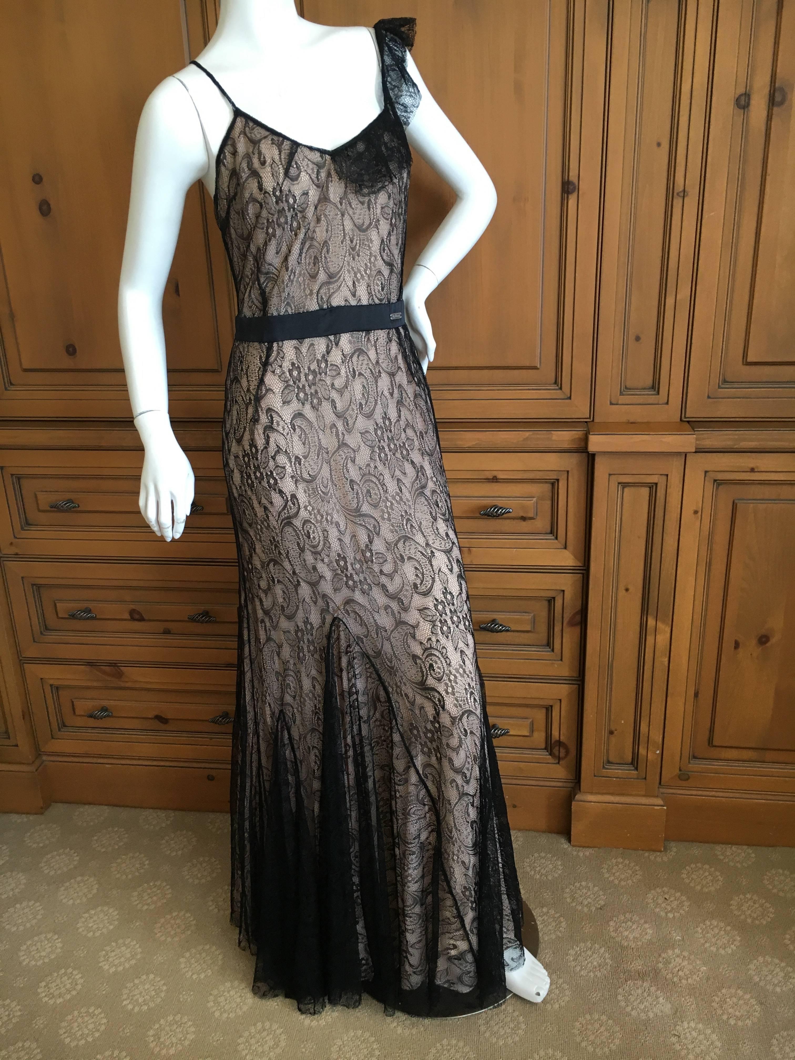 Women's John Galliano Black Lace Evening Dress with Pale Pink Lining For Sale