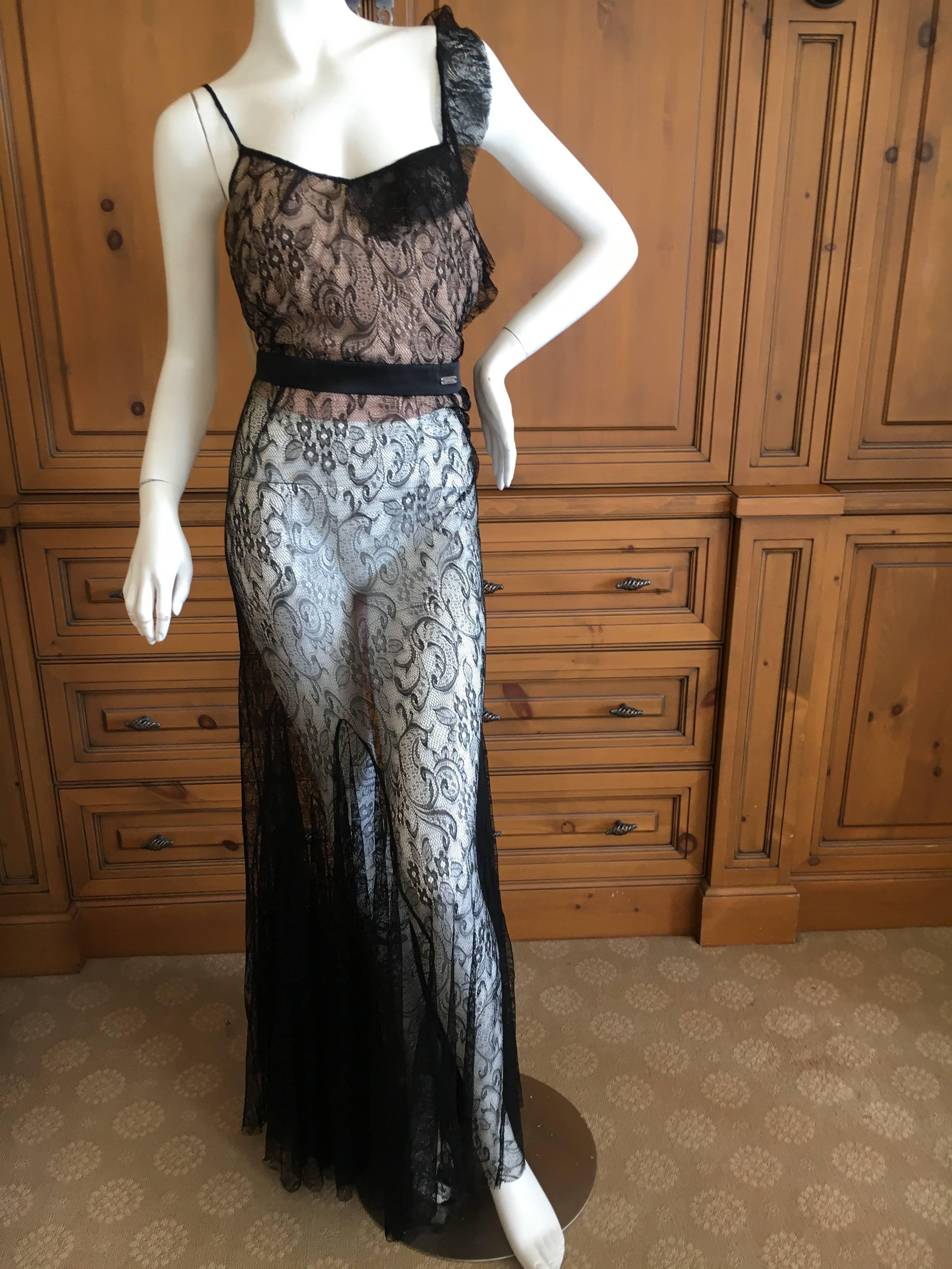 John Galliano Black Lace Evening Dress with Pale Pink Lining For Sale 1