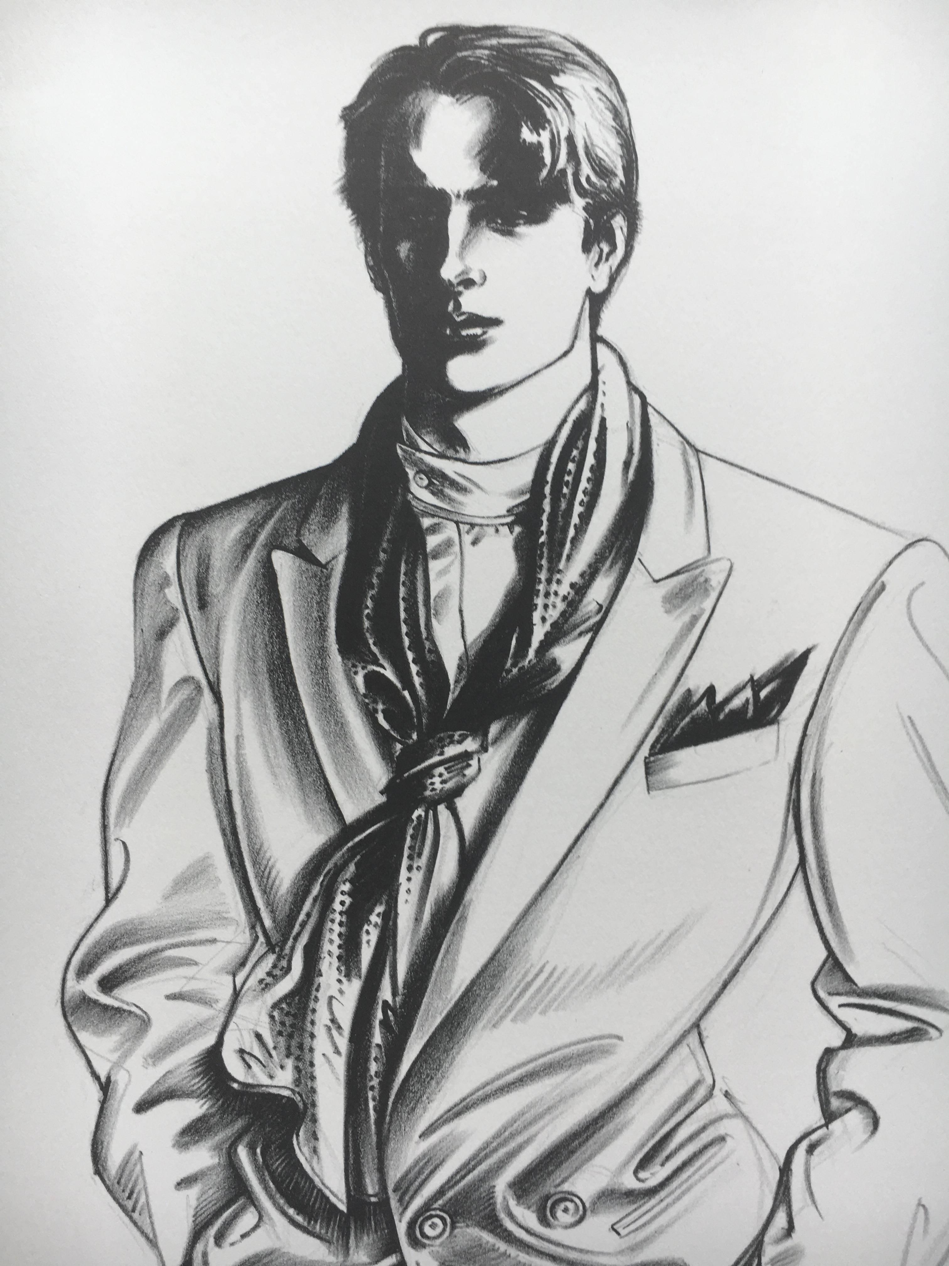 Women's or Men's Antonio Lopez Coty Award 1979 Hand Signed Litho Young Man in Alexander Julian For Sale