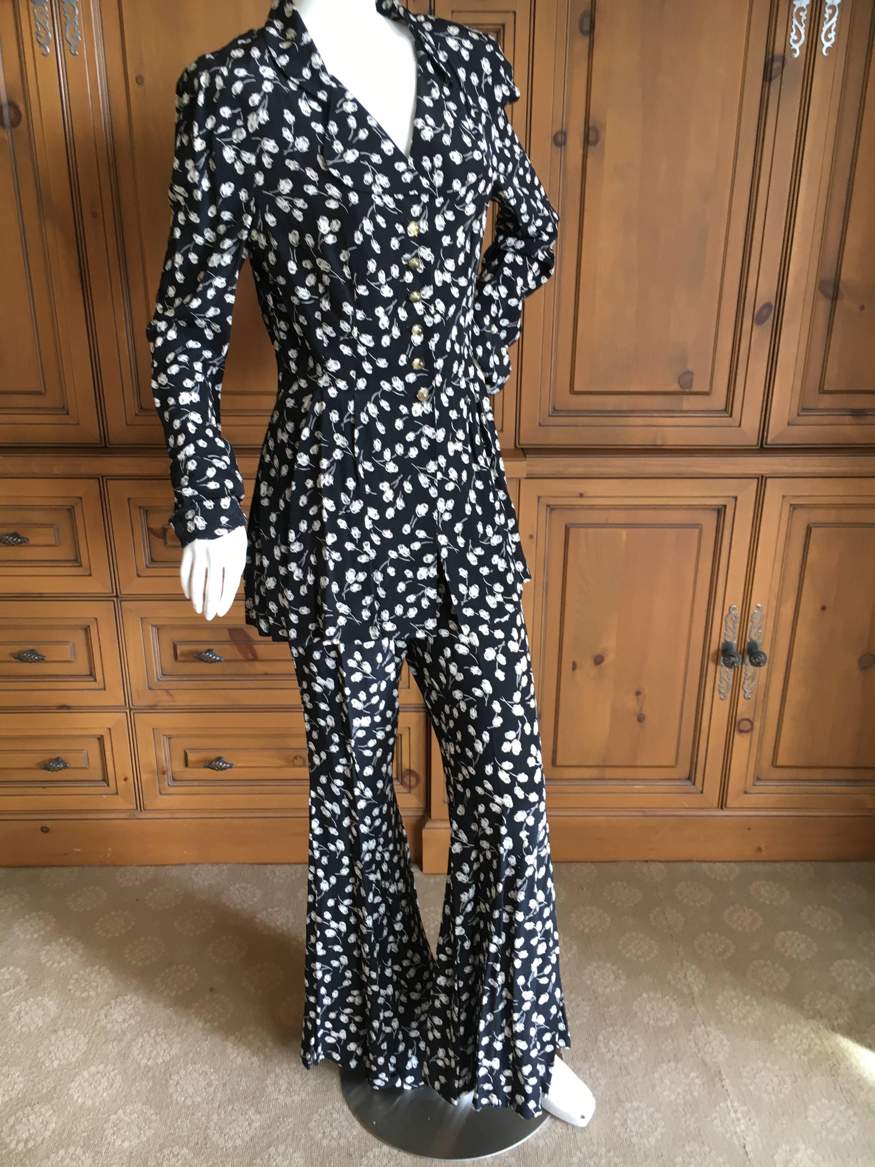 Black Anna Sui Vintage 1980's Floral Bell Bottom Suit For Sale