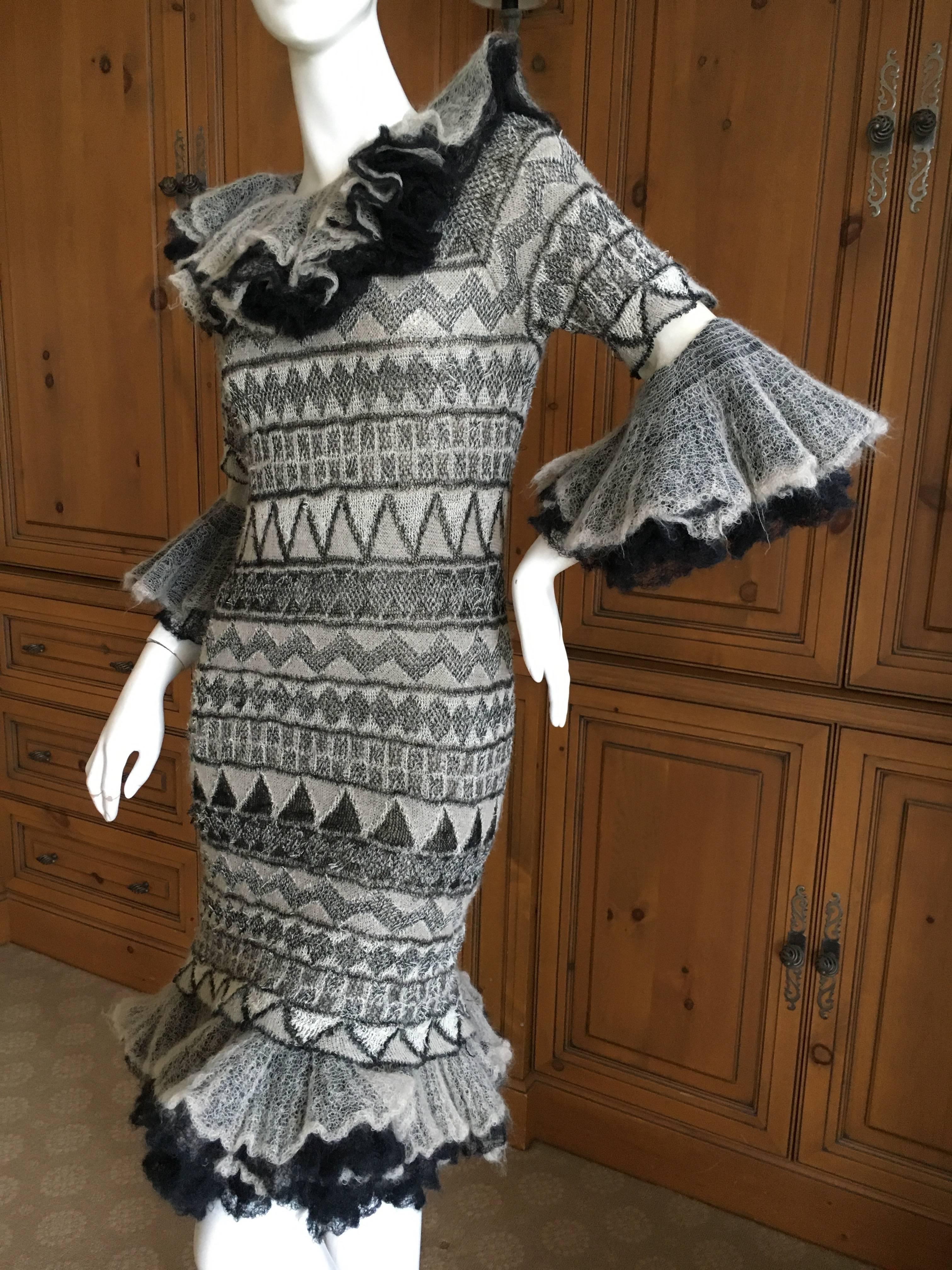 Chanel Lacey Mohair Knit Bell Sleeve Dress with Ruffle Collar and Hem 2009 Sz 38 In Good Condition For Sale In Cloverdale, CA