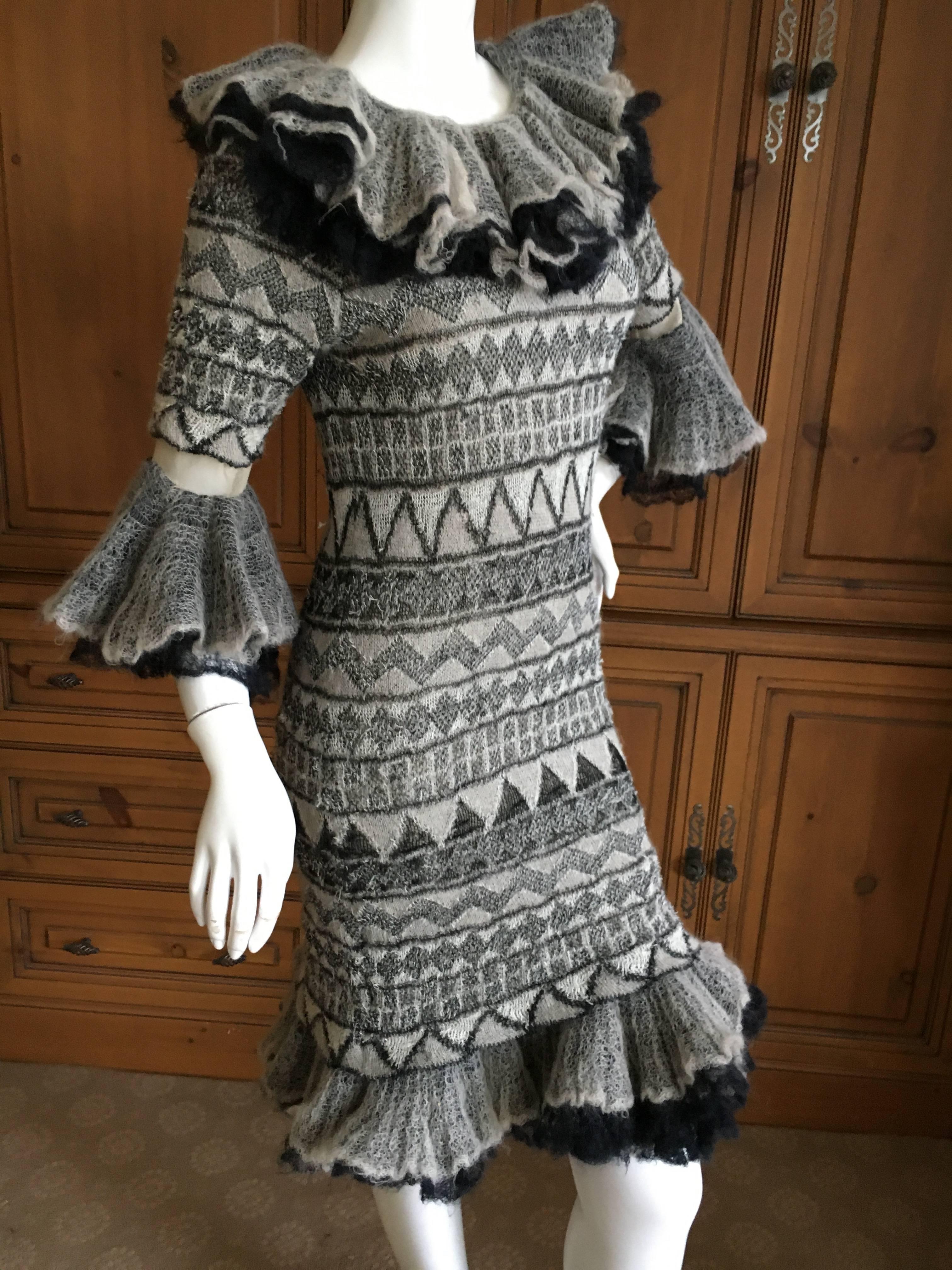 Chanel Lacey Mohair Knit Bell Sleeve Dress with Ruffle Collar and Hem 2009 Sz 38 For Sale 1