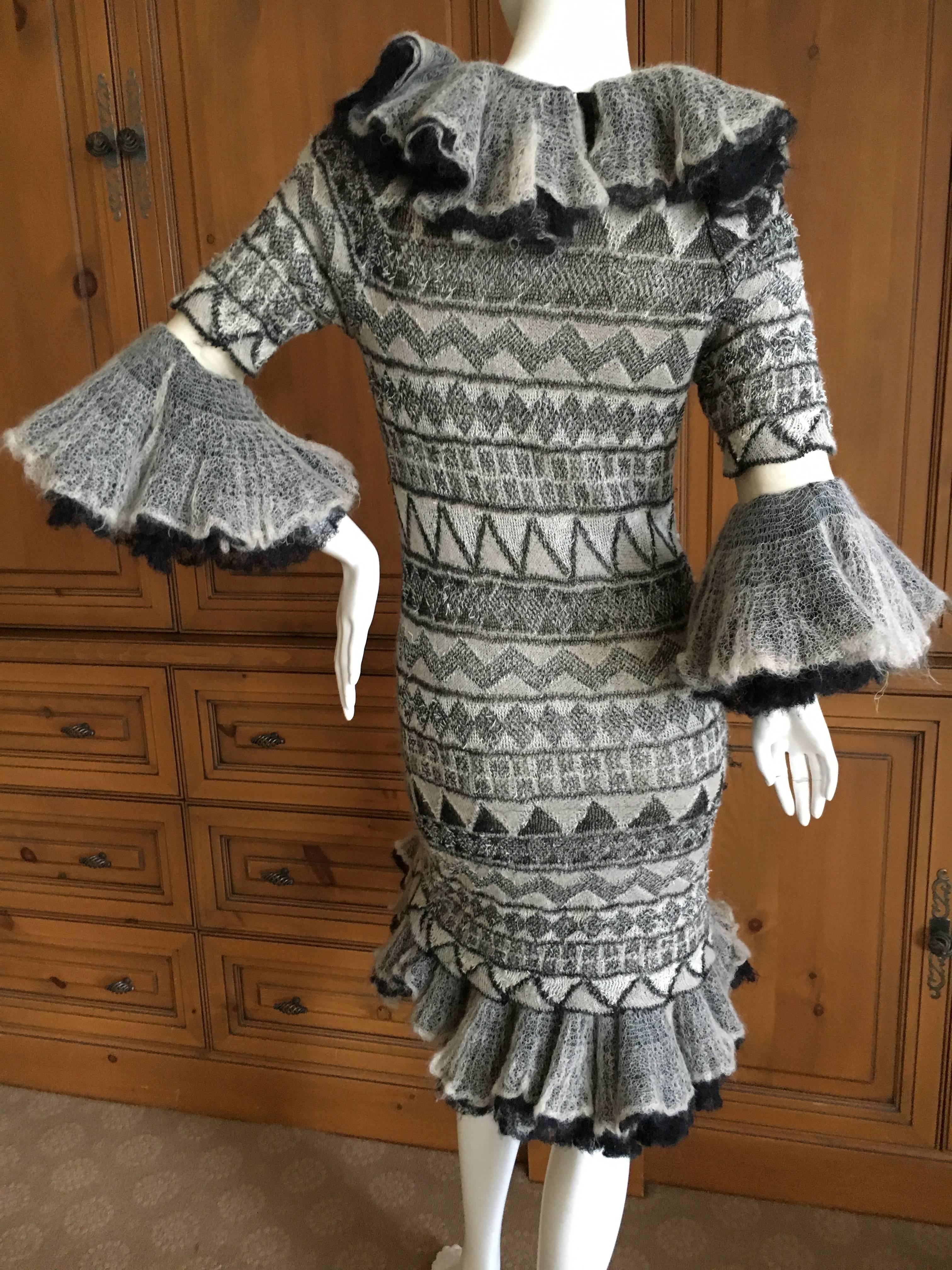 Chanel Lacey Mohair Knit Bell Sleeve Dress with Ruffle Collar and Hem 2009 Sz 38 For Sale 3