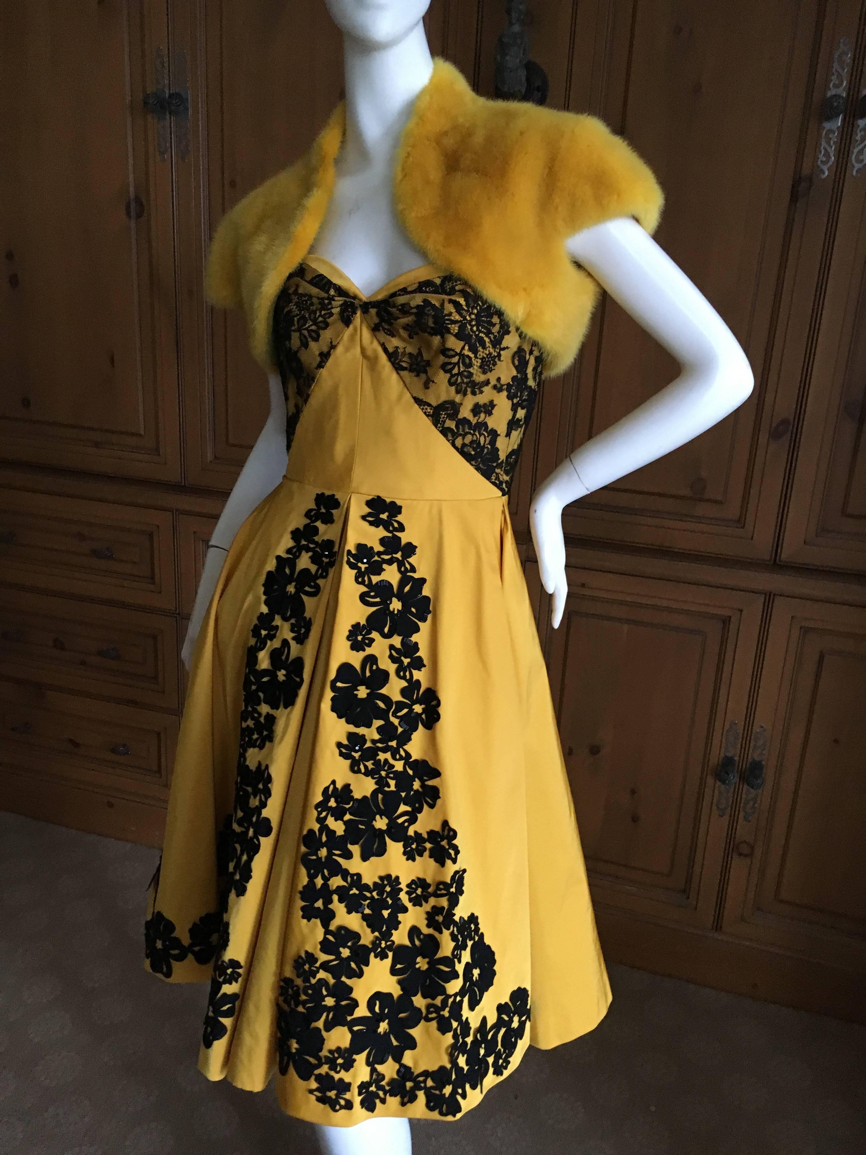 Brown Oscar de la Renta Marigold Floral Strapless Evening Dress with Mink Shrug For Sale