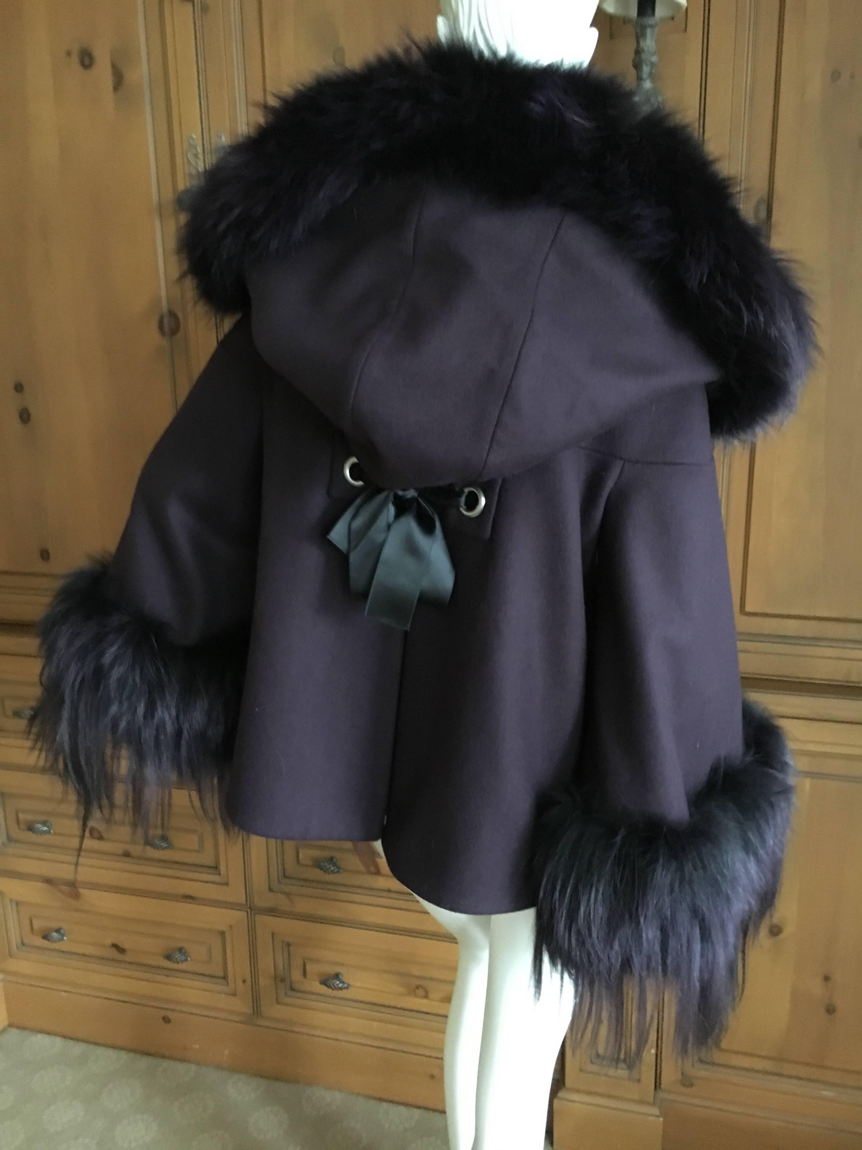 Women's Alexander McQueen Deep Purple Swing Jacket with Fur Collar Cuffs and Hood For Sale